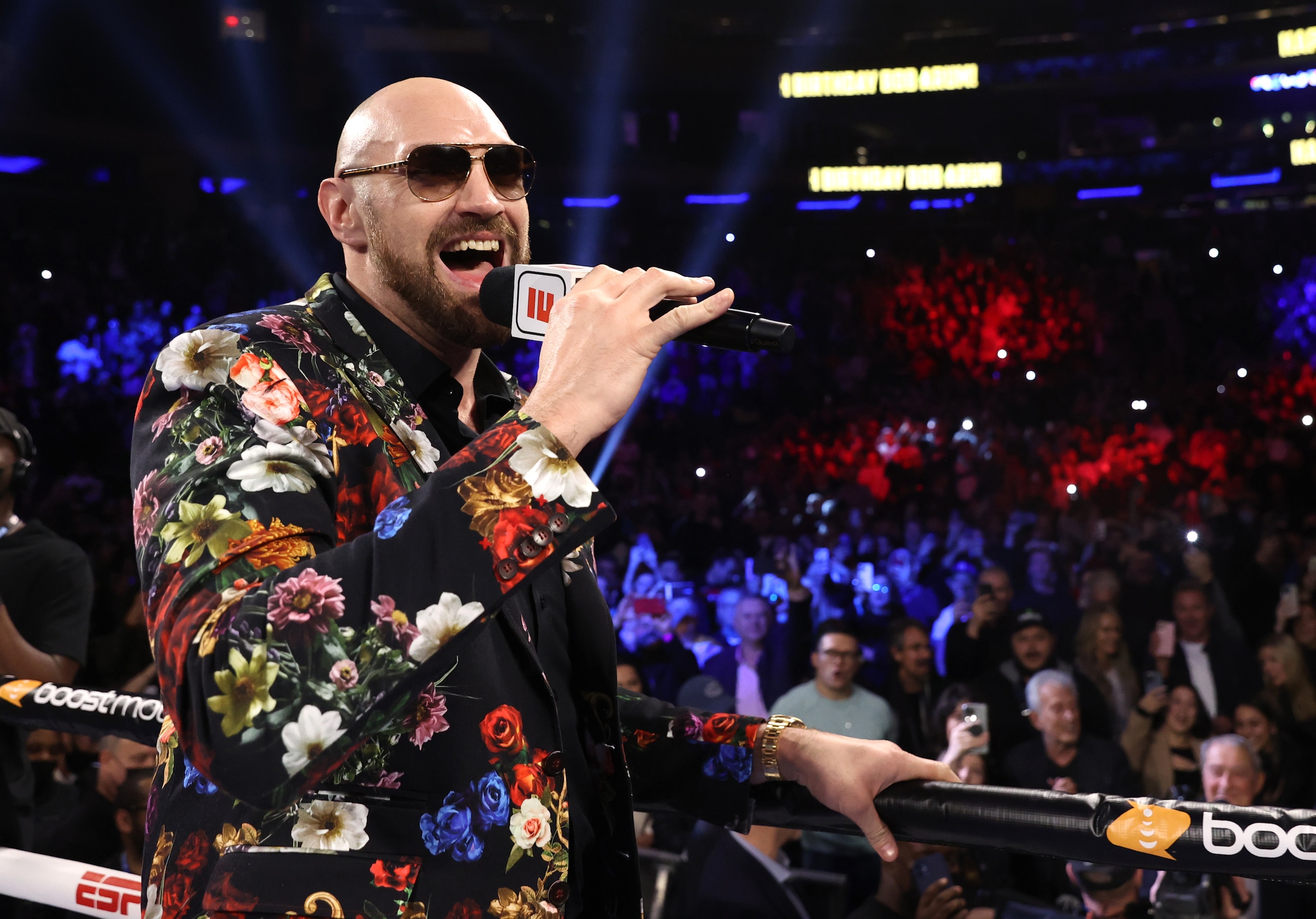 NEW YORK, NEW YORK - DECEMBER 11: Tyson Fury surprises Bob Arum singing him happy birthday at Madison Square Garden on December 11, 2021 in New York City. (Photo by Mikey Williams/Top Rank Inc via Getty Images) NEW YORK, NEW YORK - DECEMBER 11: Tyson Fury surprises Bob Arum singing him happy birthday at Madison Square Garden on December 11, 2021 in New York City. (Photo by Mikey Williams/Top Rank Inc via Getty Images)