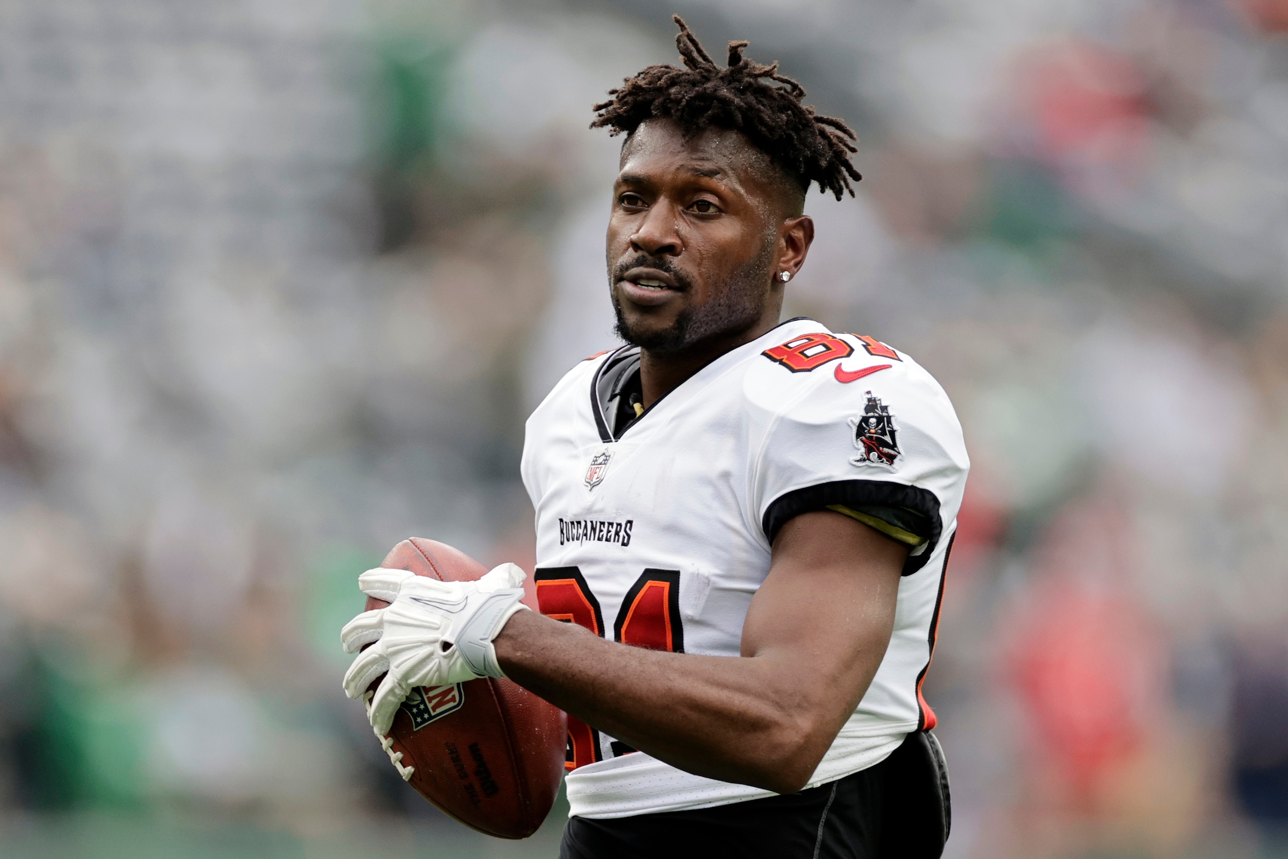 Tampa Bay Buccaneers wide receiver Antonio Brown (81) walks on the field during an NFL football game against the New York Jets, Sunday, Jan. 2, 2022, in East Rutherford, N.J. (AP Photo/Adam Hunger)