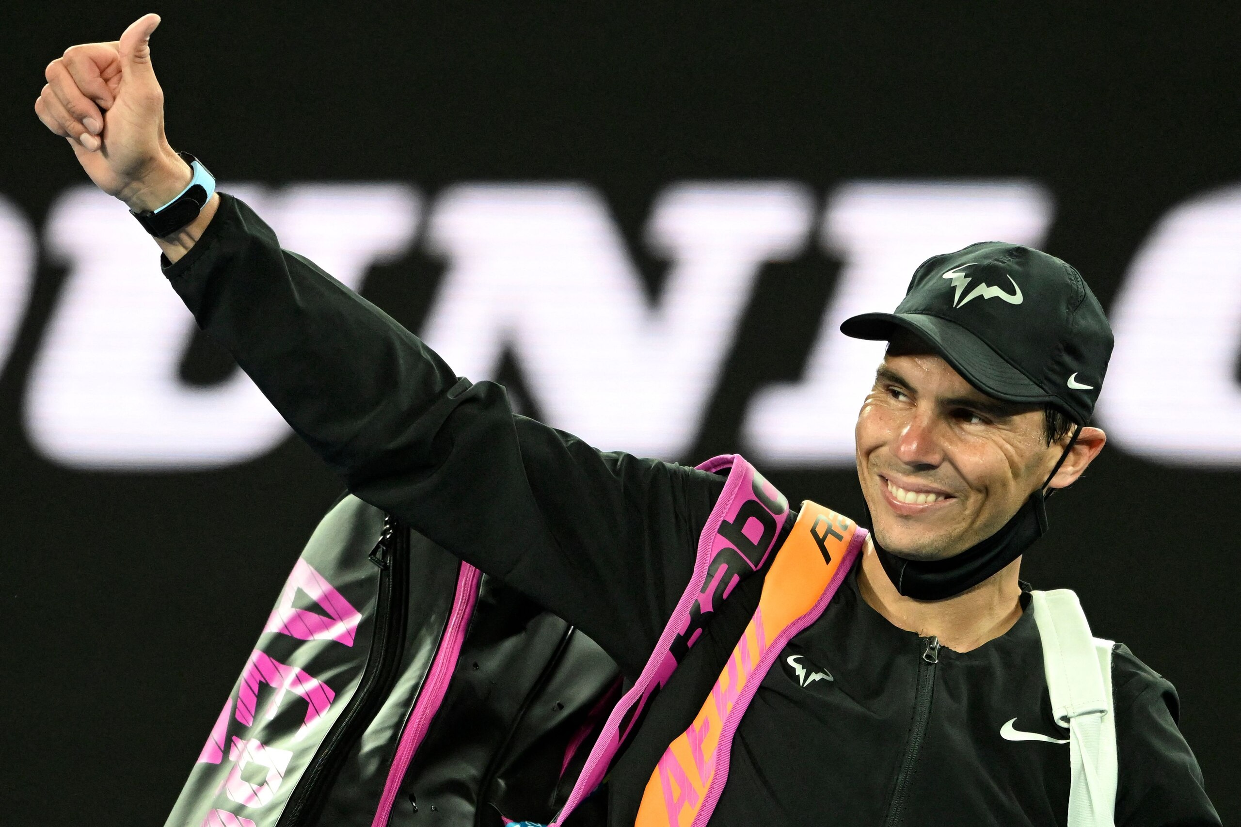 Rafael Nadal of Spain celebrates his victory in his men's singles match against Ricardas Berankis of Lituania at the Melbourne Summer Set tennis tournament in Melbourne on January 6, 2022. - -- IMAGE RESTRICTED TO EDITORIAL USE - STRICTLY NO COMMERCIAL USE -- (Photo by Mike FREY / AFP) / -- IMAGE RESTRICTED TO EDITORIAL USE - STRICTLY NO COMMERCIAL USE -- (Photo by MIKE FREY/AFP via Getty Images)