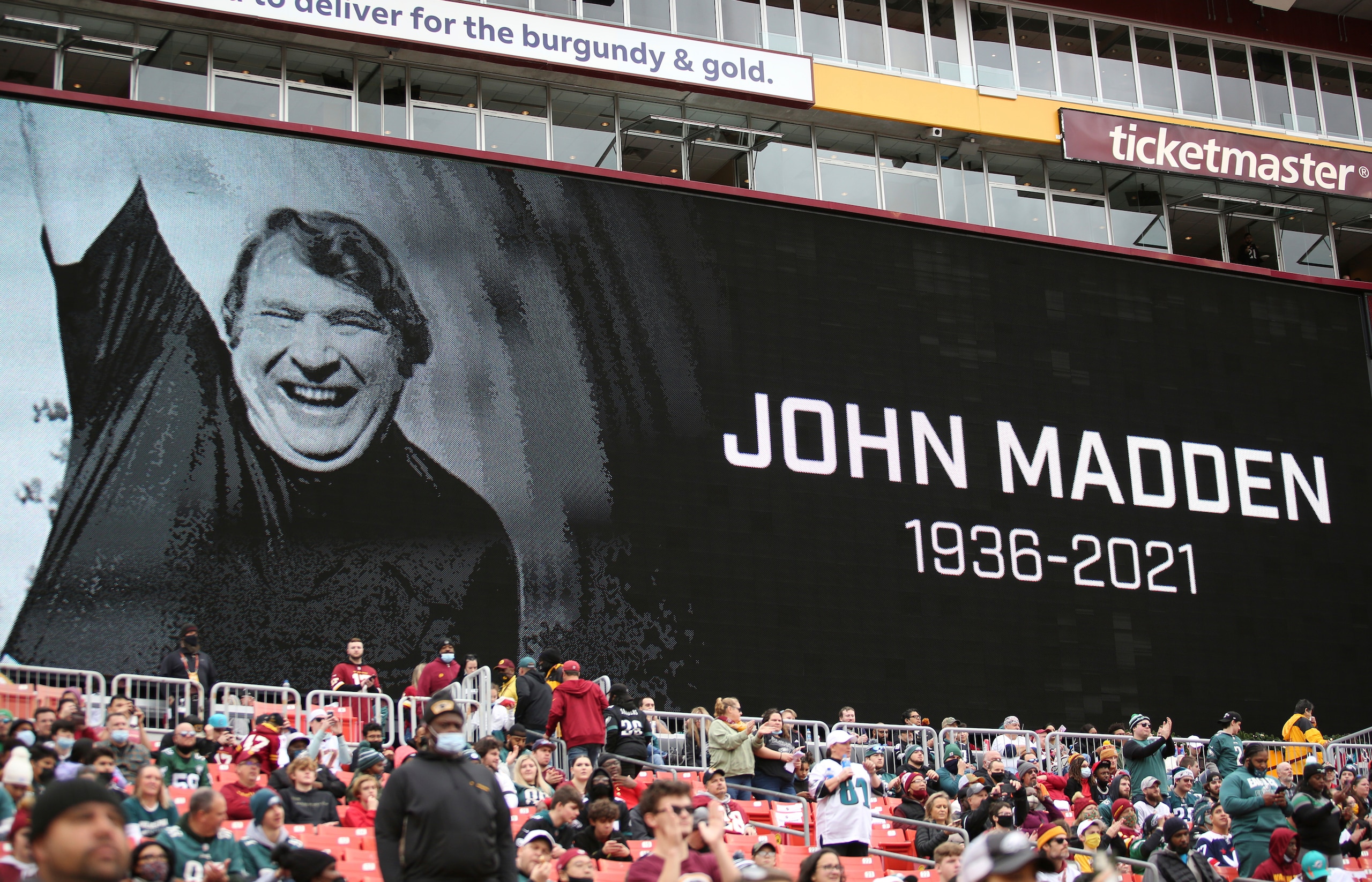 The late Hall of Fame Head Coach John Madden was honored before an NFL football game, Sunday, Jan. 02, 2022 in Landover. (AP Photo/Daniel Kucin Jr.)