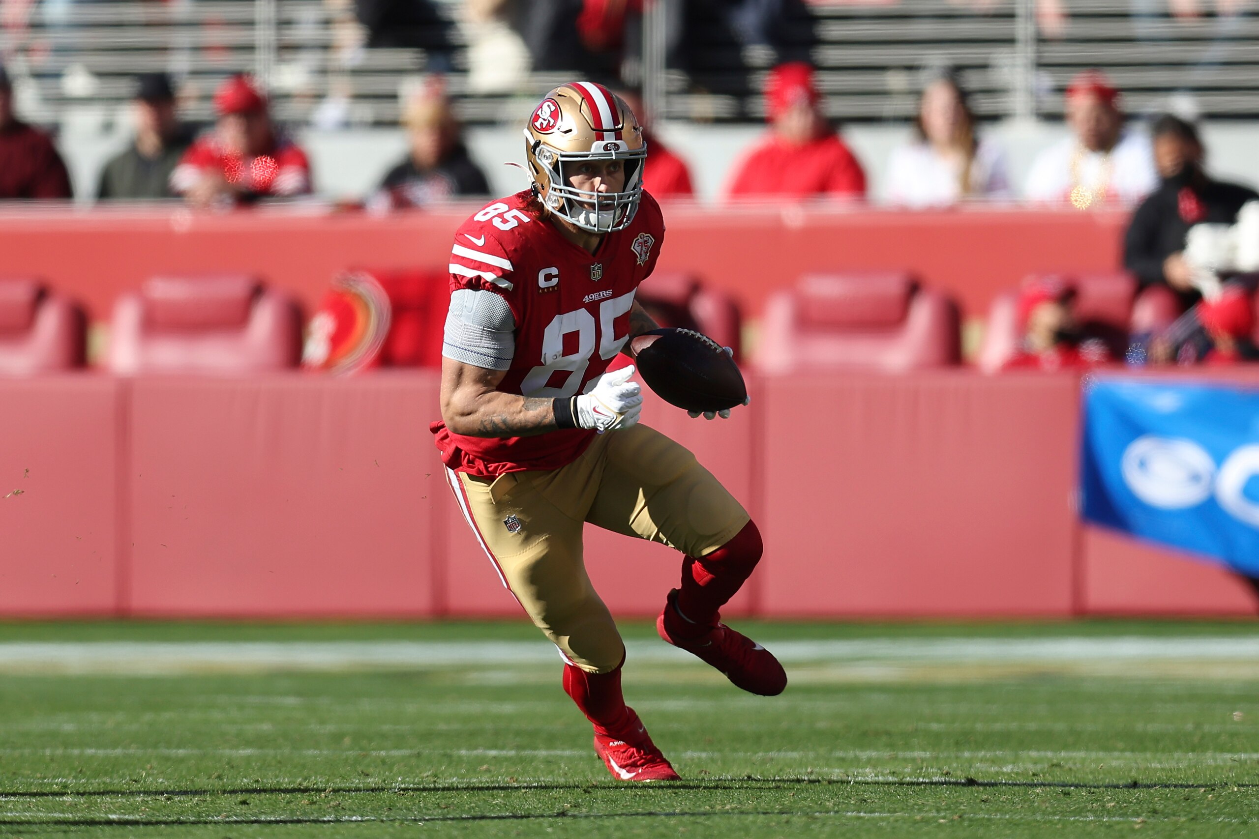 San Francisco 49ers tight end George Kittle (85) runs against the Houston Texans during the first half of an NFL football game in Santa Clara, Calif., Sunday, Jan. 2, 2022. (AP Photo/Jed Jacobsohn)