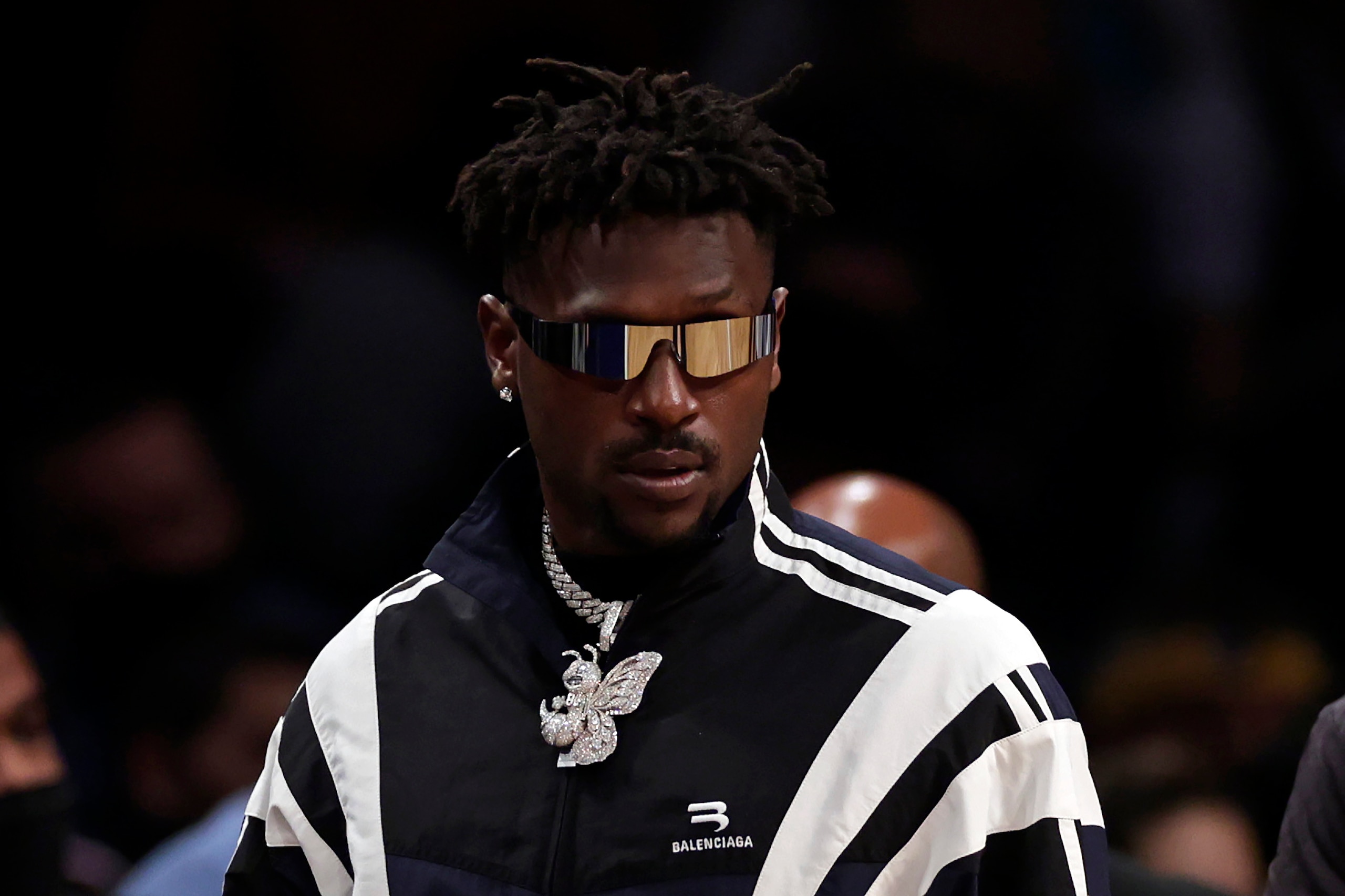 Former Tampa Bay Buccaneers wide receiver Antonio Brown arrives courtside during the second half of an NBA basketball game between the Memphis Grizzlies and the Brooklyn Nets, Monday, Jan. 3, 2022, in New York. (AP Photo/Adam Hunger) Former Tampa Bay Buccaneers wide receiver Antonio Brown arrives courtside during the second half of an NBA basketball game between the Memphis Grizzlies and the Brooklyn Nets, Monday, Jan. 3, 2022, in New York. (AP Photo/Adam Hunger)