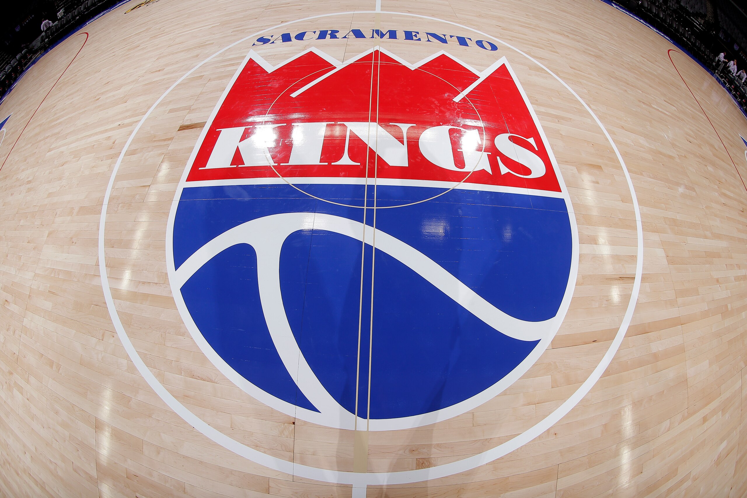 SACRAMENTO, CA - OCTOBER 19:  Close up of of the Sacramento Kings new retro logo at center court just before the Sacramento Kings Fan Fest on October 19, 2019 at Golden 1 Center  in Sacramento, California. NOTE TO USER: User expressly acknowledges and agrees that, by downloading and/or using this Photograph, user is consenting to the terms and conditions of the Getty Images License Agreement. Mandatory Copyright Notice: Copyright 2019 NBAE (Photo by Rocky Widner/NBAE via Getty Images)