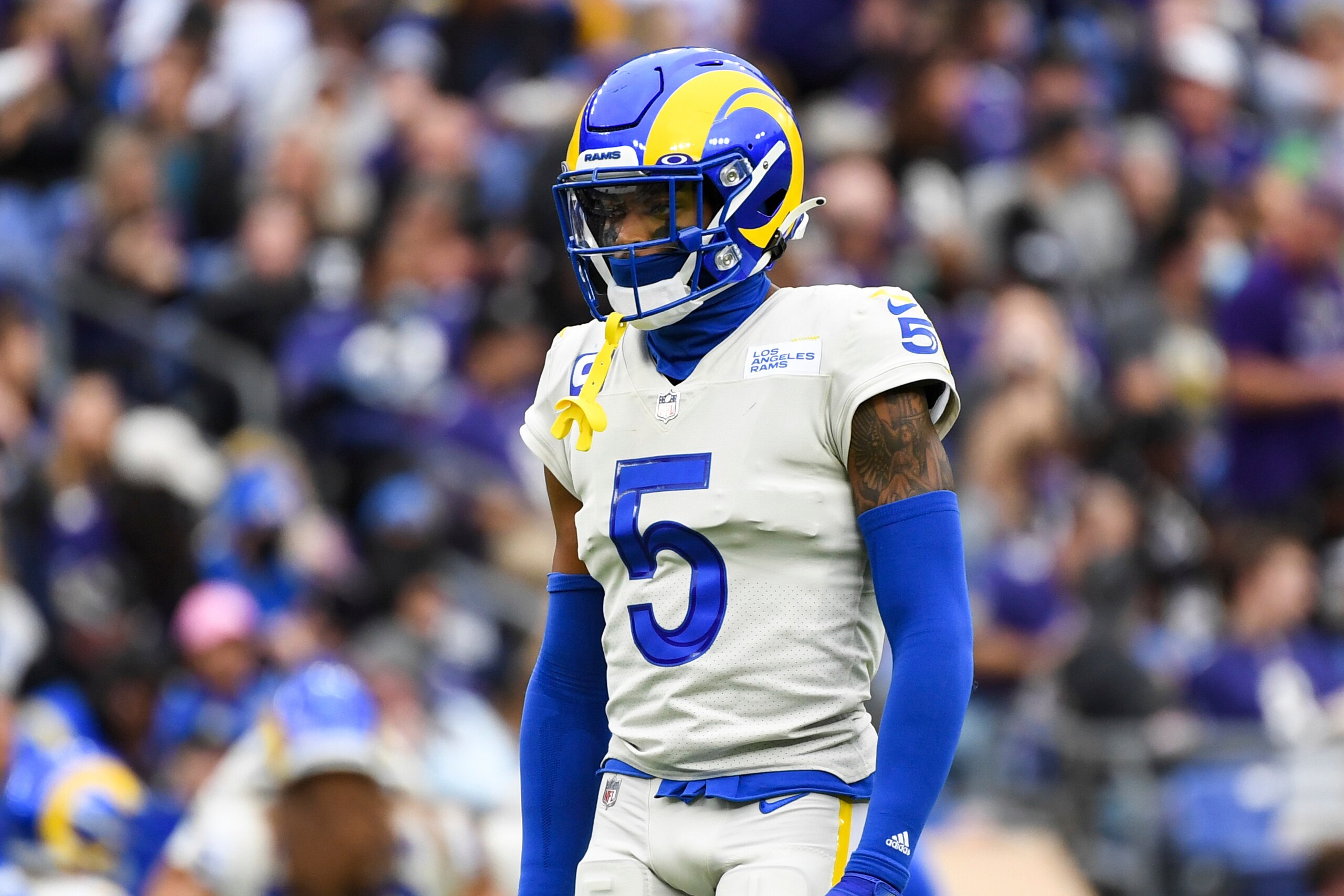 Los Angeles Rams cornerback Jalen Ramsey (5) looks on between plays during the second half of an NFL football game against the Baltimore Ravens, Sunday, Jan. 2, 2022, in Baltimore. (AP Photo/Terrance Williams)