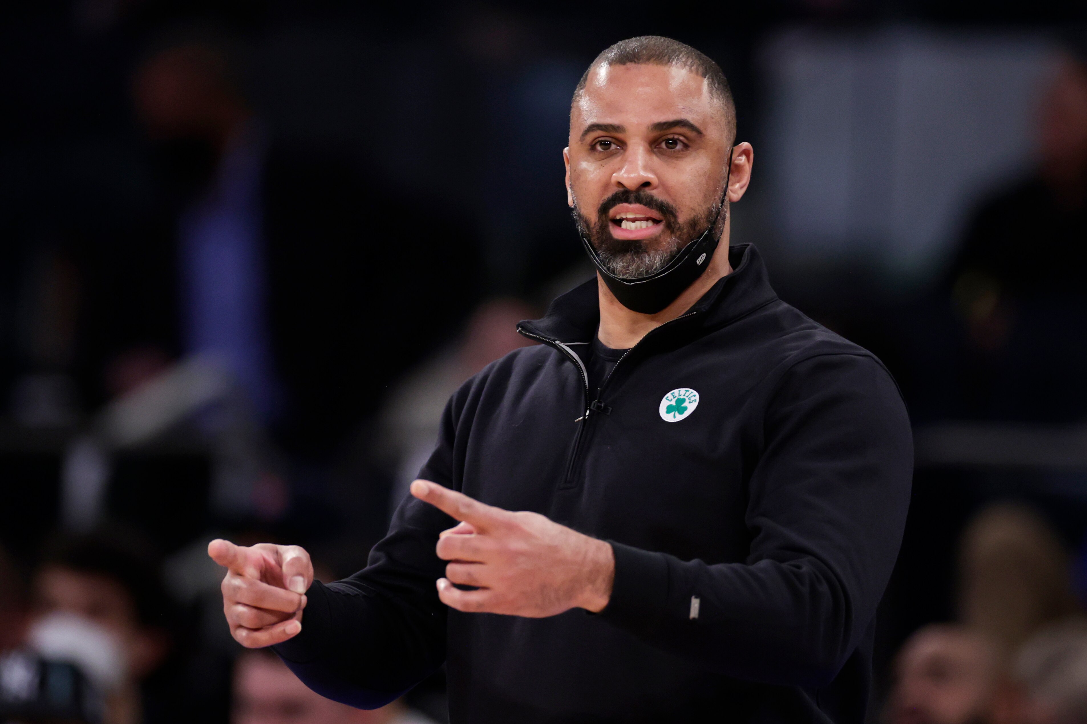 Boston Celtics coach Ime Udoka gestures during the first half of the team's NBA basketball game against the New York Knicks on Thursday, Jan. 6, 2022, in New York. (AP Photo/Adam Hunger)