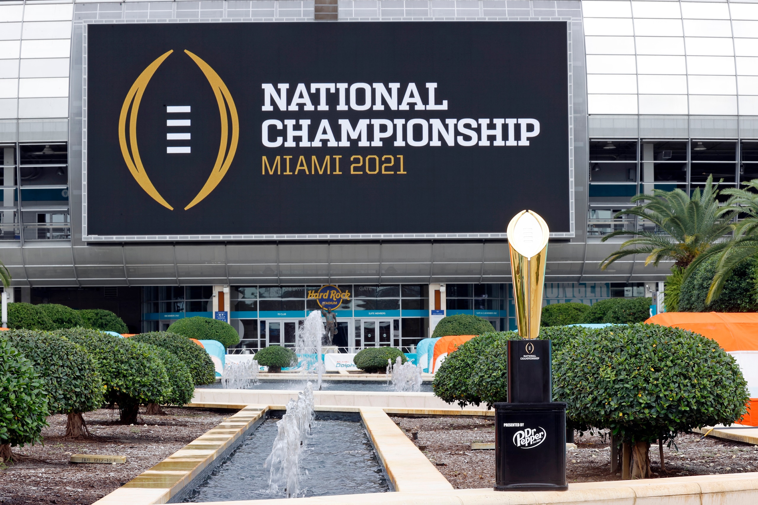 MIAMI GARDENS, FLORIDA - NOVEMBER 11: The College Football Playoff National Championship Trophy is displayed at Hard Rock Stadium on November 11, 2020 in Miami Gardens, Florida. The Championship game will be played at Hard Rock Stadium on January 11, 2021. (Photo by Joel Auerbach/Getty Images)