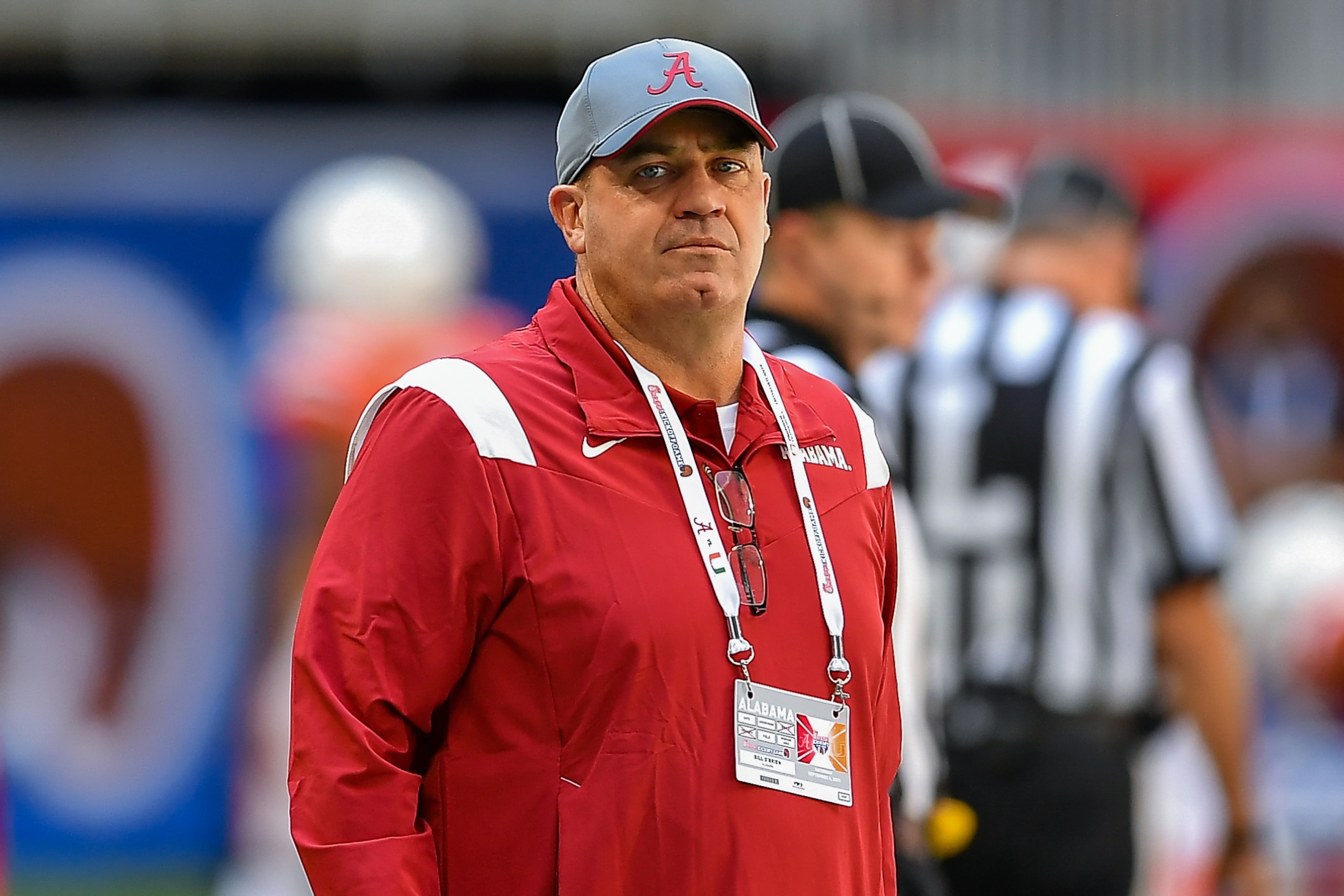 ATLANTA, GA  SEPTEMBER 04:  Alabama assistant coach Bill O'Brien prior to the start of the Chick-fil-A Kick-Off Game between the Miami Hurricanes and the Alabama Crimson Tide on September 4th, 2021 at Mercedes-Benz Stadium in Atlanta, GA.  (Photo by Rich von Biberstein/Icon Sportswire via Getty Images)