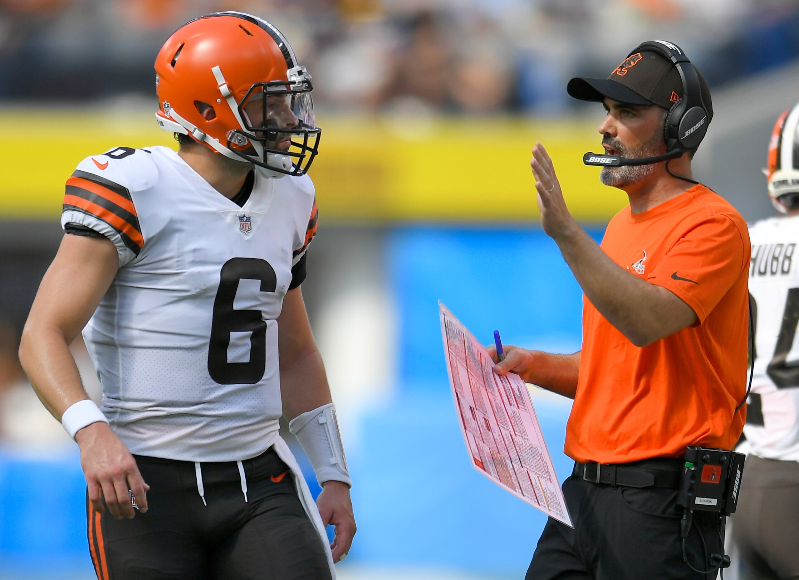 INGLEWOOD, CA - OCTOBER 10: Baker Mayfield #6 of the Cleveland Browns talks to head coach Kevin Stefanski at SoFi Stadium on October 10, 2021 in Inglewood, California. (Photo by John McCoy/Getty Images)