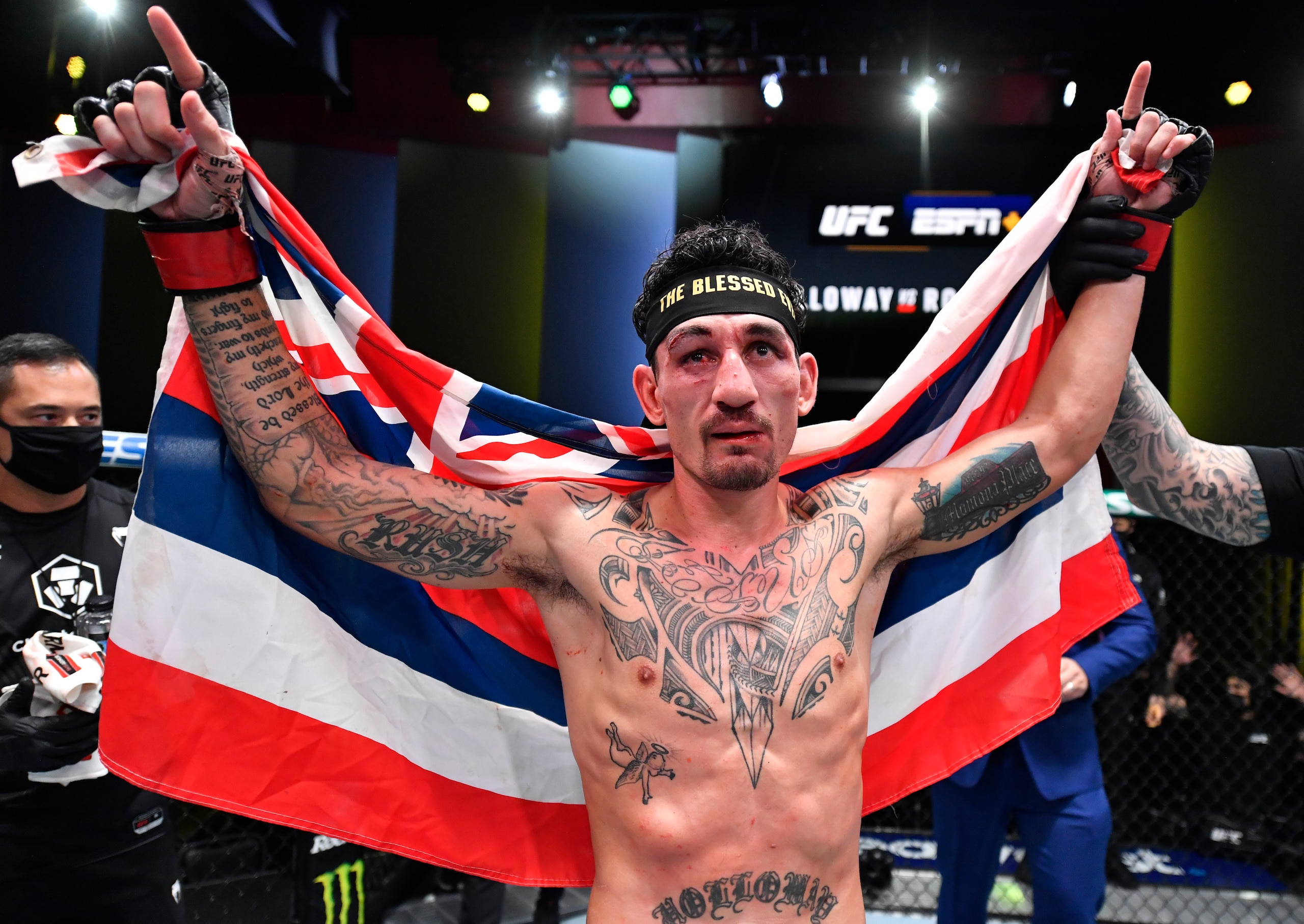 LAS VEGAS, NEVADA - NOVEMBER 13: Max Holloway reacts after his victory over Yair Rodriguez of Mexico in a featherweight fight during the UFC Fight Night event at UFC APEX on November 13, 2021 in Las Vegas, Nevada. (Photo by Chris Unger/Zuffa LLC)