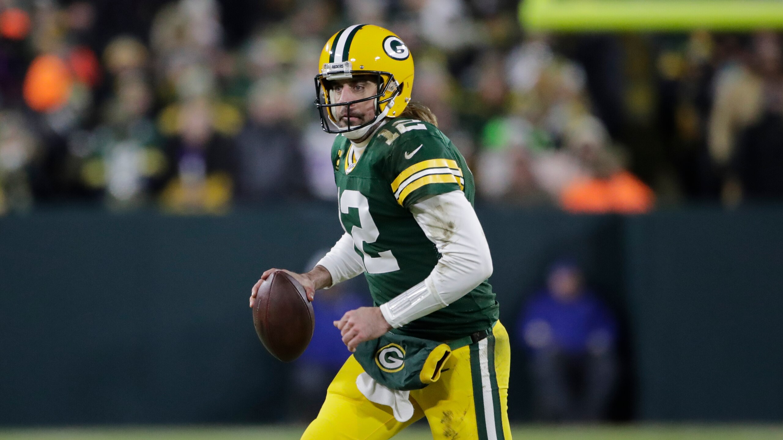 Green Bay Packers' Aaron Rodgers during the second half of an NFL football game against the Minnesota Vikings Sunday, Jan. 2, 2022, in Green Bay, Wis. (AP Photo/Aaron Gash)