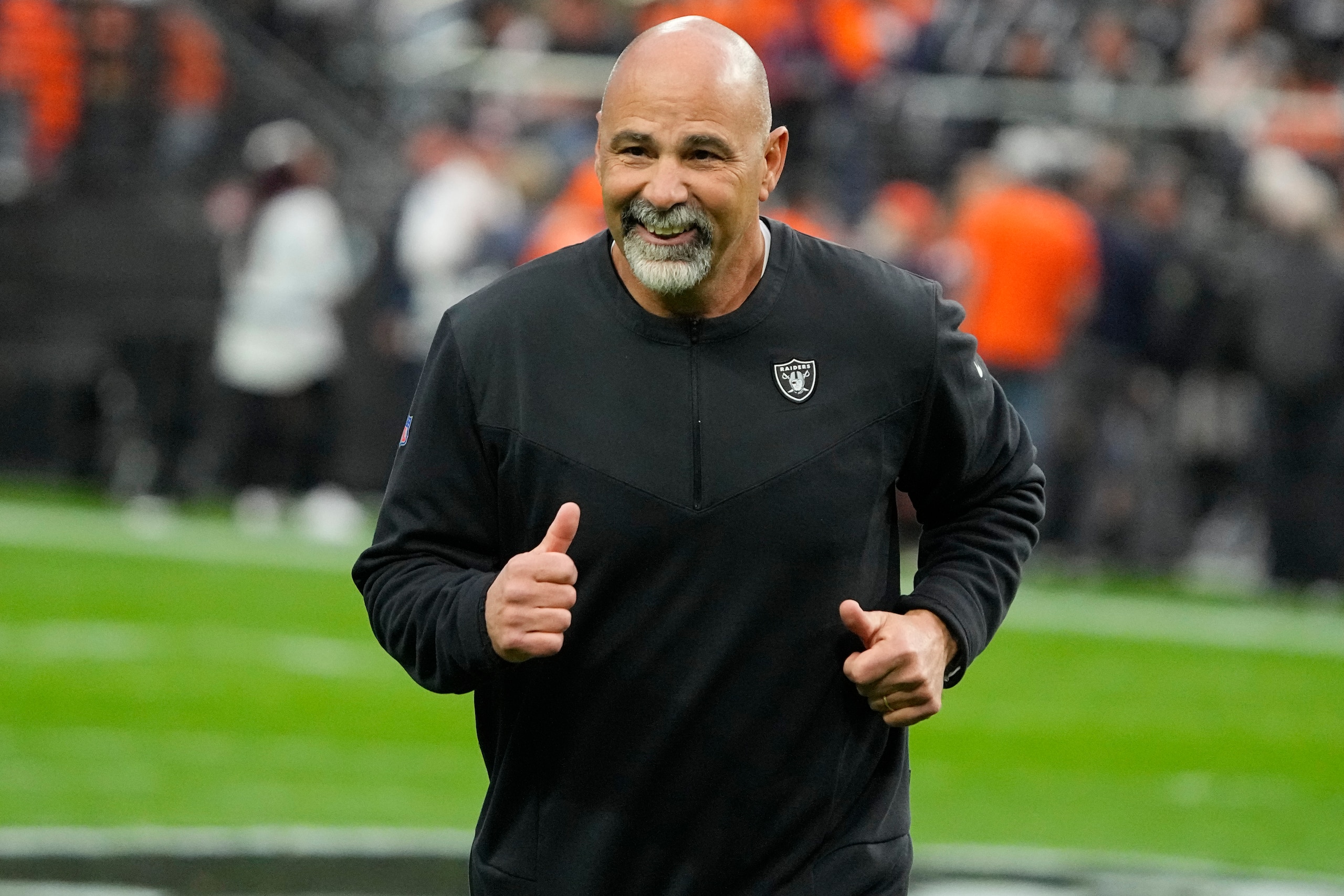 Las Vegas Raiders interim head coach Rich Bisaccia before an NFL football game against the Denver Broncos, Sunday, Dec. 26, 2021, in Las Vegas. (AP Photo/Rick Scuteri)