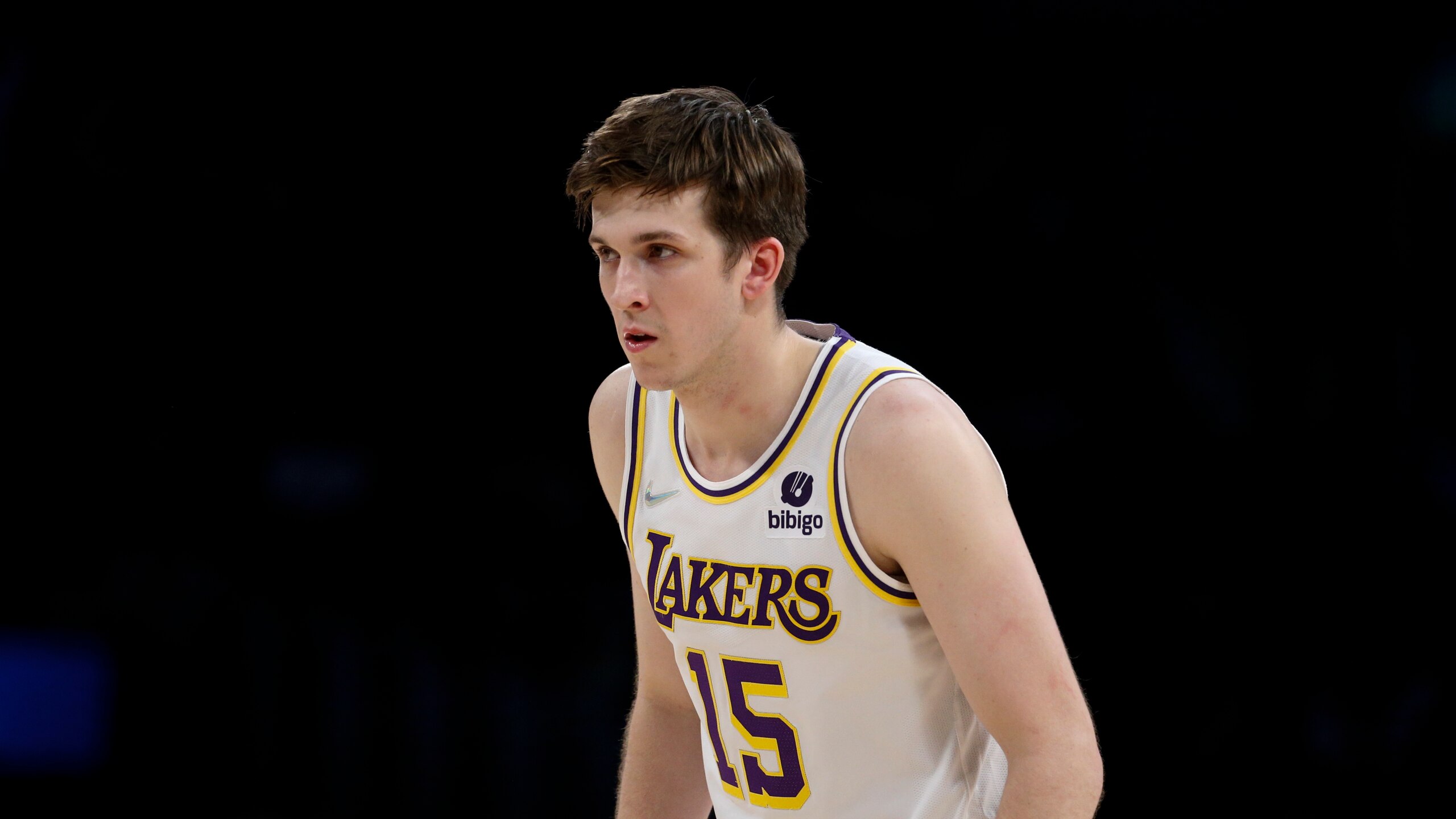 Los Angeles Lakers guard Austin Reaves (15) in the second half of an NBA basketball game against the Minnesota Timberwolves in Los Angeles, Sunday, Jan. 2, 2022. The Laker won 108-103. (AP Photo/Ringo H.W. Chiu)