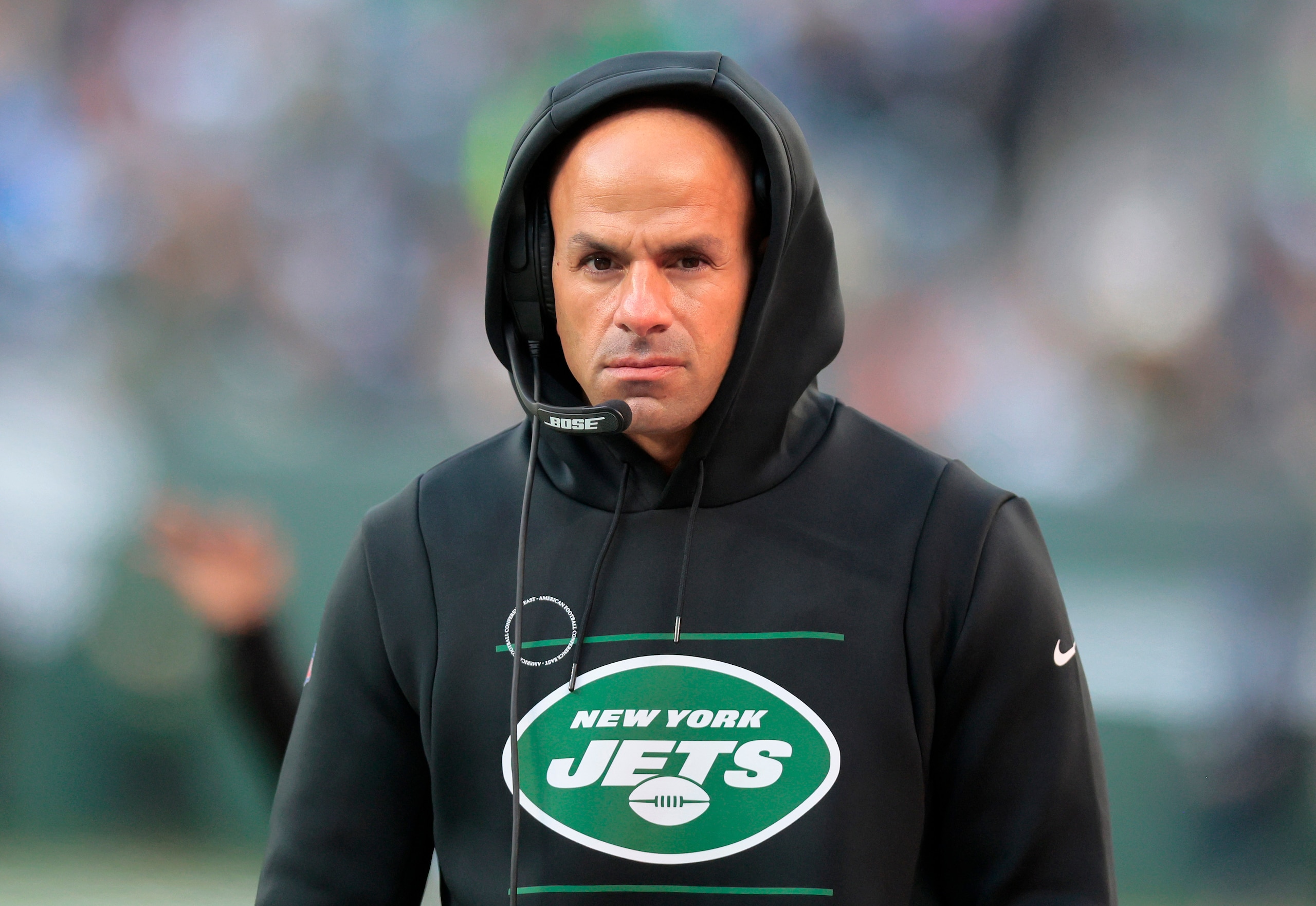 EAST RUTHERFORD, NEW JERSEY - DECEMBER 12: (NEW YORK DAILIES OUT)  Head coach Robert Saleh of the New York Jets looks on against the New Orleans Saints at MetLife Stadium on December 12, 2021 in East Rutherford, New Jersey. The Saints defeated the Giants 30-9. (Photo by Jim McIsaac/Getty Images)