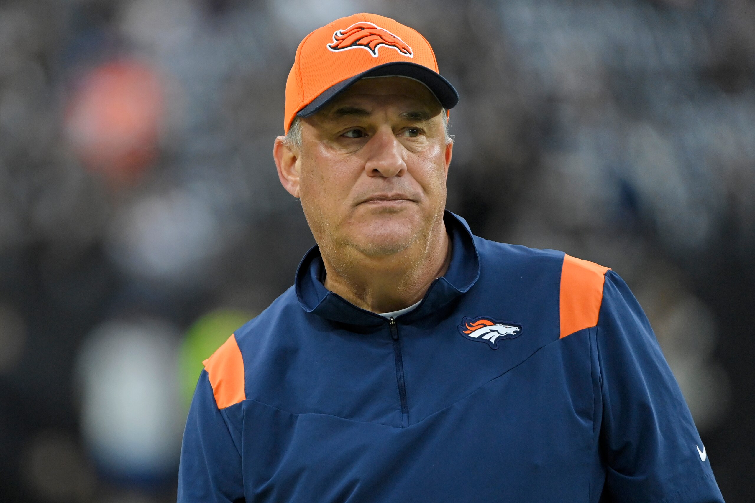 Denver Broncos head coach Vic Fangio before an NFL football game against the Las Vegas Raiders, Sunday, Dec. 26, 2021, in Las Vegas. (AP Photo/David Becker)