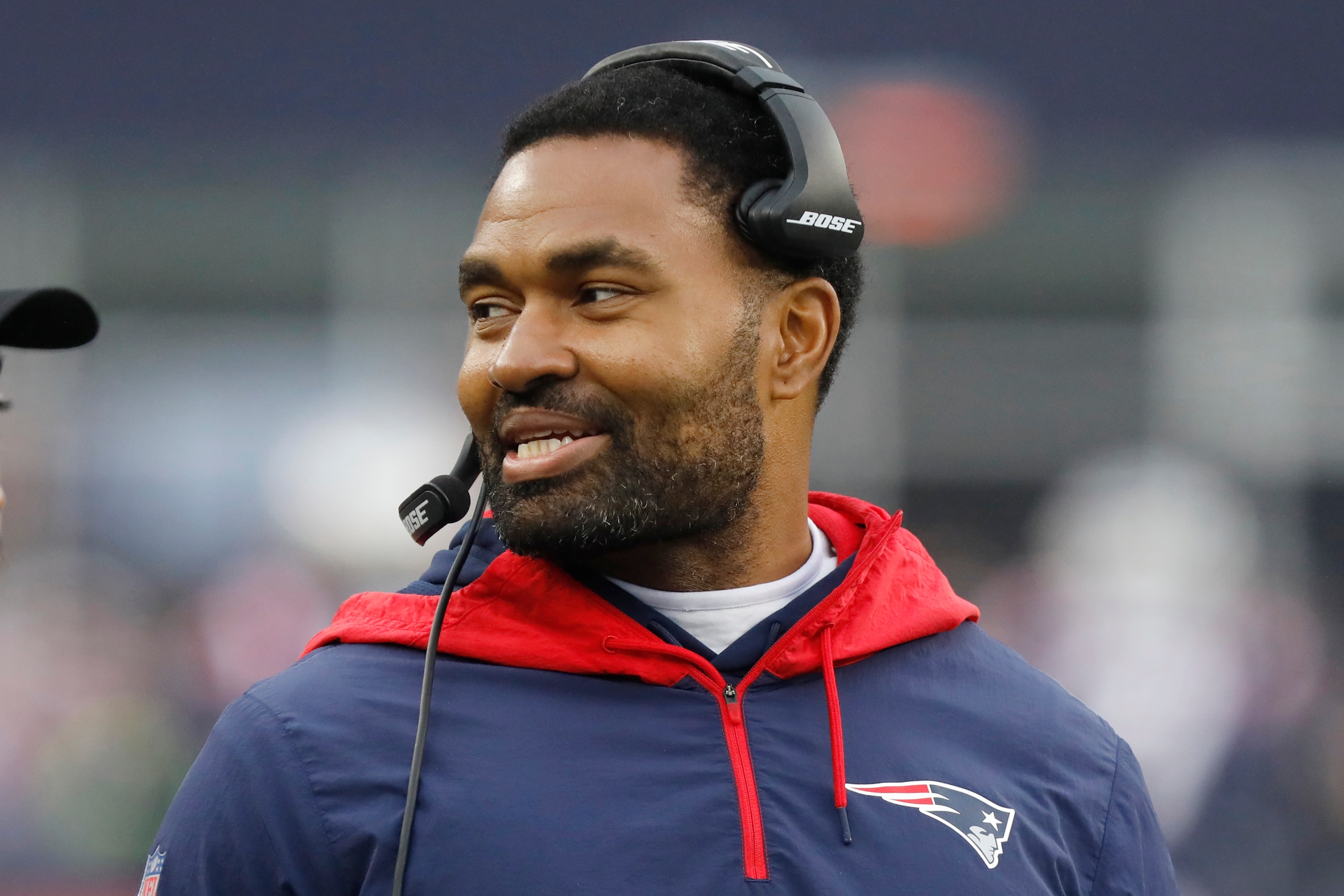 New England Patriots coach Jerod Mayo during the first half of an NFL football game, Sunday, Jan. 2, 2022, in Foxborough, Mass. (AP Photo/Paul Connors)