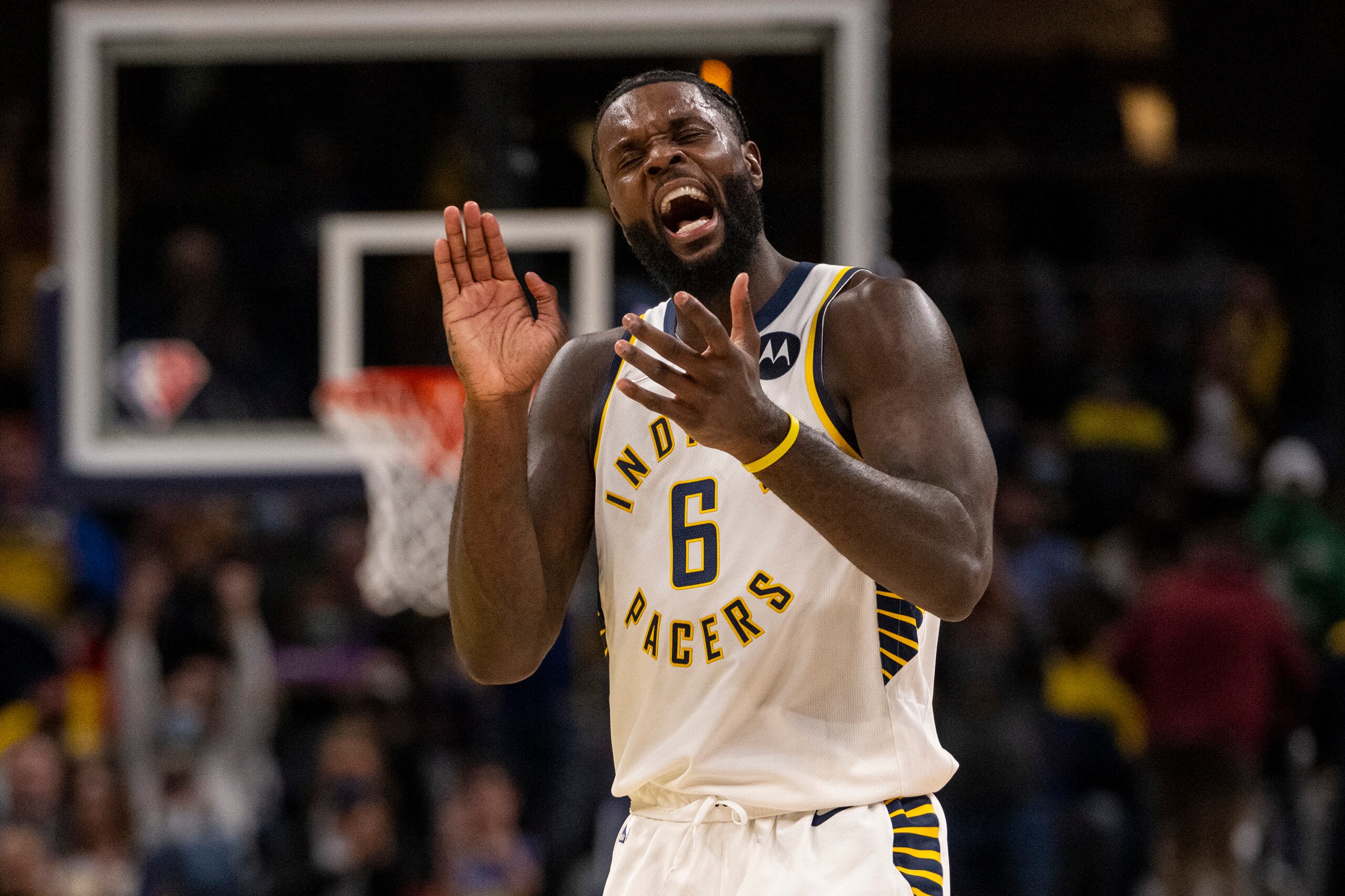 Indiana Pacers guard Lance Stephenson (6) reacts after a teammate scored in the second half of an NBA basketball game against the Utah Jazz in Indianapolis, Saturday, Jan. 8, 2022. (AP Photo/Doug McSchooler)