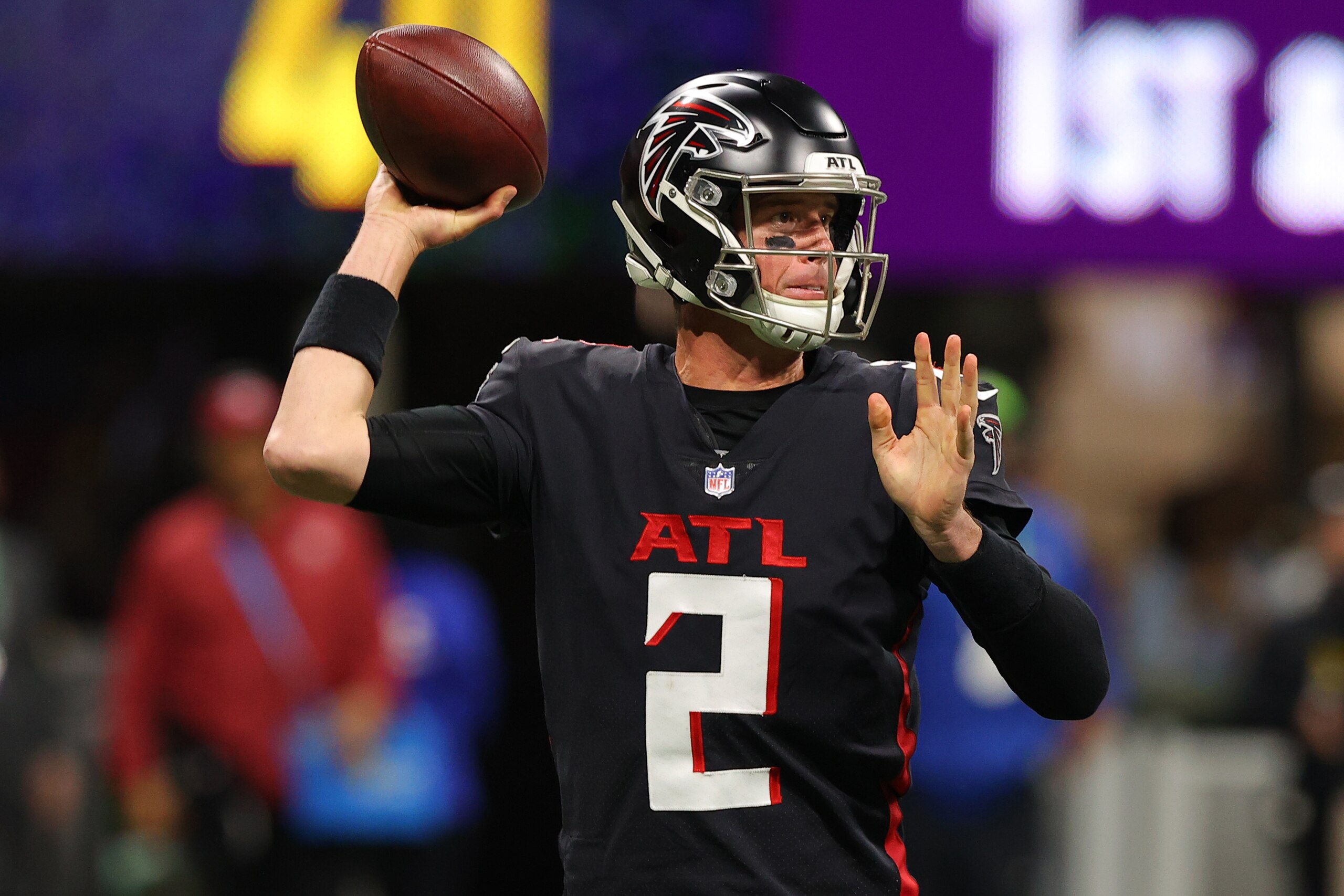ATLANTA, GEORGIA - JANUARY 09: Matt Ryan #2 of the Atlanta Falcons passes during the fourth quarter in the game against the New Orleans Saints at Mercedes-Benz Stadium on January 09, 2022 in Atlanta, Georgia. (Photo by Todd Kirkland/Getty Images) ATLANTA, GEORGIA - JANUARY 09: Matt Ryan #2 of the Atlanta Falcons passes during the fourth quarter in the game against the New Orleans Saints at Mercedes-Benz Stadium on January 09, 2022 in Atlanta, Georgia. (Photo by Todd Kirkland/Getty Images)