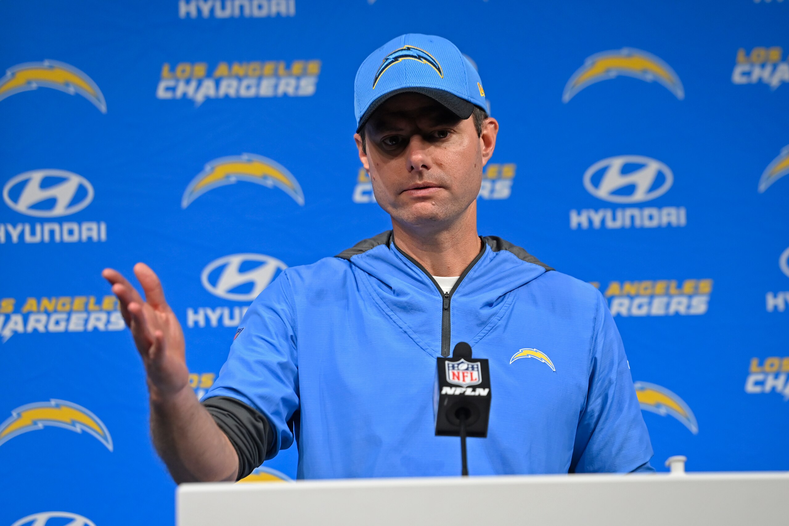 Los Angeles Chargers head coach Brandon Staley attends a news conference after an NFL football game against the Las Vegas Raiders, Sunday, Jan. 9, 2022, in Las Vegas. (AP Photo/David Becker)