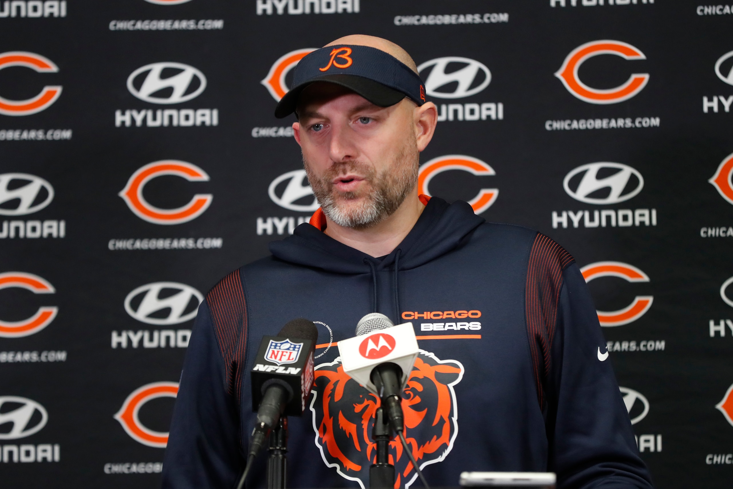 Chicago Bears head coach Matt Nagy speaks during a news conference after an NFL football game against the Minnesota Vikings, Sunday, Jan. 9, 2022, in Minneapolis. The Vikings won 31-17. (AP Photo/Bruce Kluckhohn)