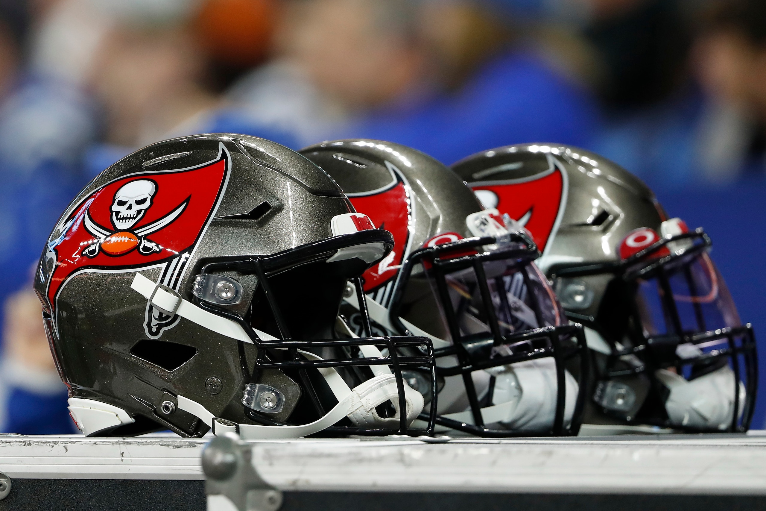 The Tampa Bay Buccaneers logo is seen on their helmets during an NFL football game against the Indianapolis Colts at Lucas Oil Stadium, Sunday, Nov. 28, 2021 in Indianapolis. (Winslow Townson/AP Images for Panini)