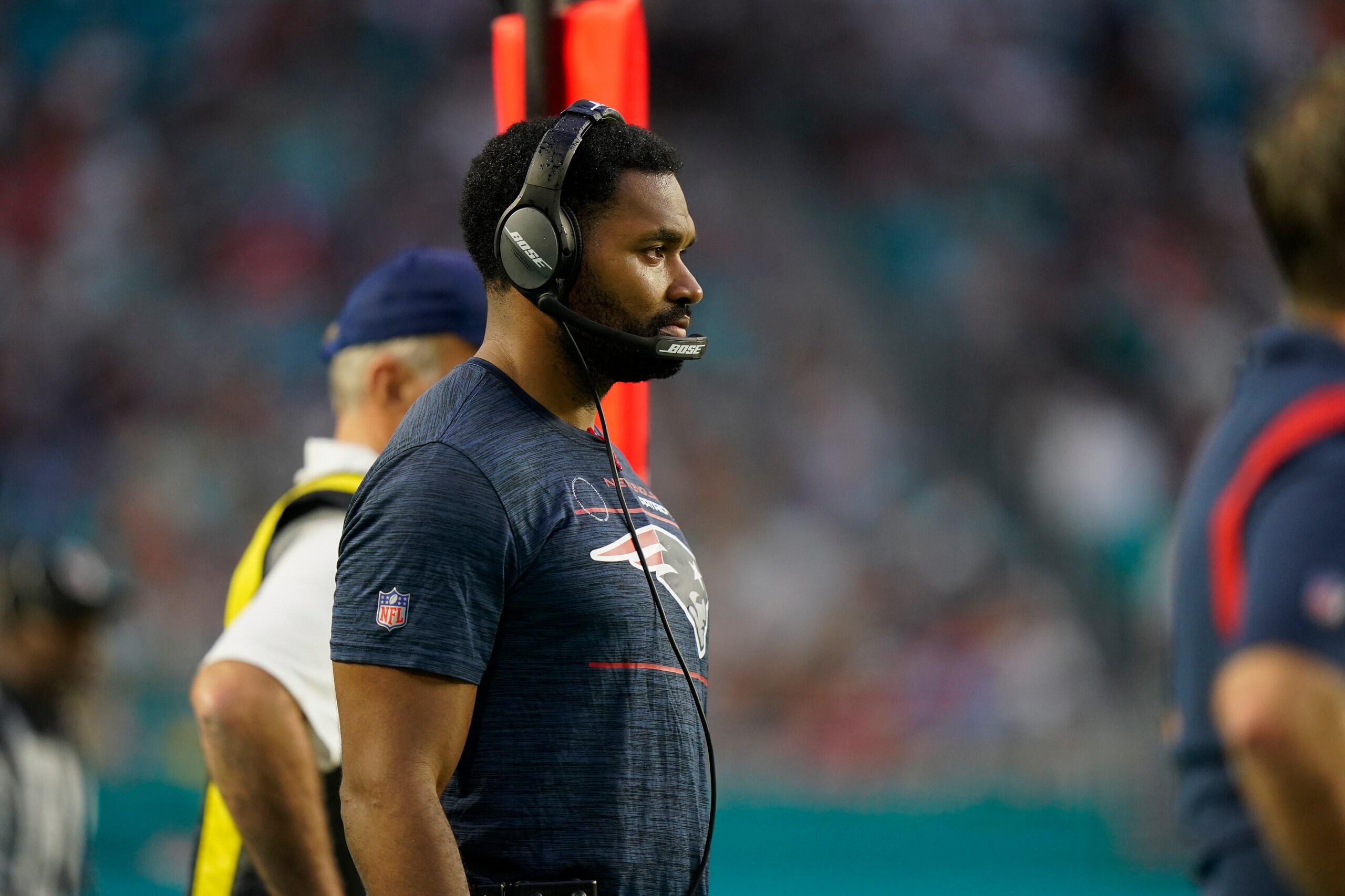 New England Patriots inside linebacker coach Jerod Mayo watches from the sidelines during the first half of an NFL football game against the Miami Dolphins, Sunday, Jan. 9, 2022, in Miami Gardens, Fla. (AP Photo/Lynne Sladky) New England Patriots inside linebacker coach Jerod Mayo watches from the sidelines during the first half of an NFL football game against the Miami Dolphins, Sunday, Jan. 9, 2022, in Miami Gardens, Fla. (AP Photo/Lynne Sladky)