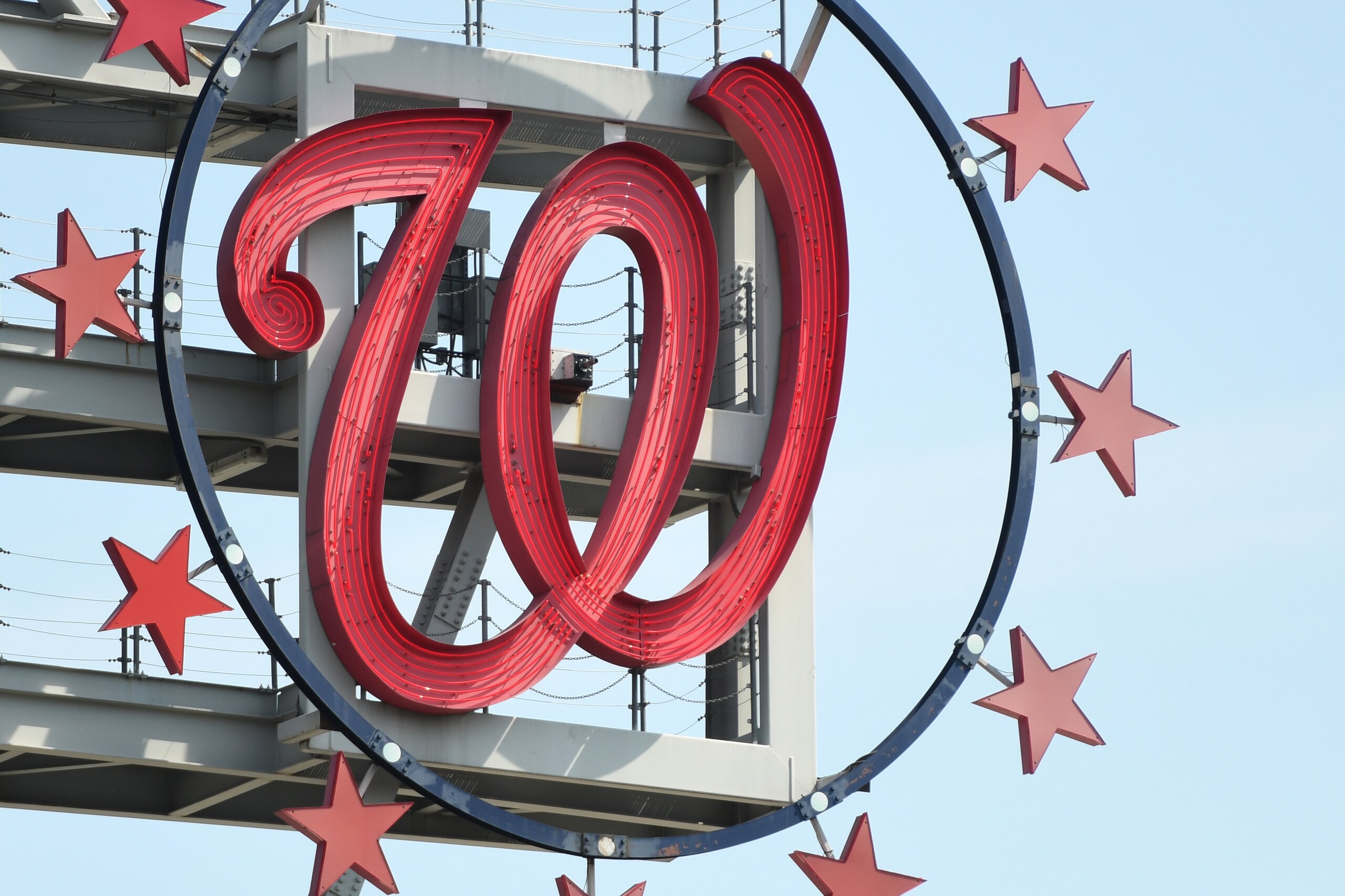 WASHINGTON, DC - SEPTEMBER 15:  The Washington Nationals logo on the scoreboard before a baseball game against the Miami Marlins at Nationals Park on September 15, 2021 in Washington, DC.  (Photo by Mitchell Layton/Getty Images) *** Local Caption ***