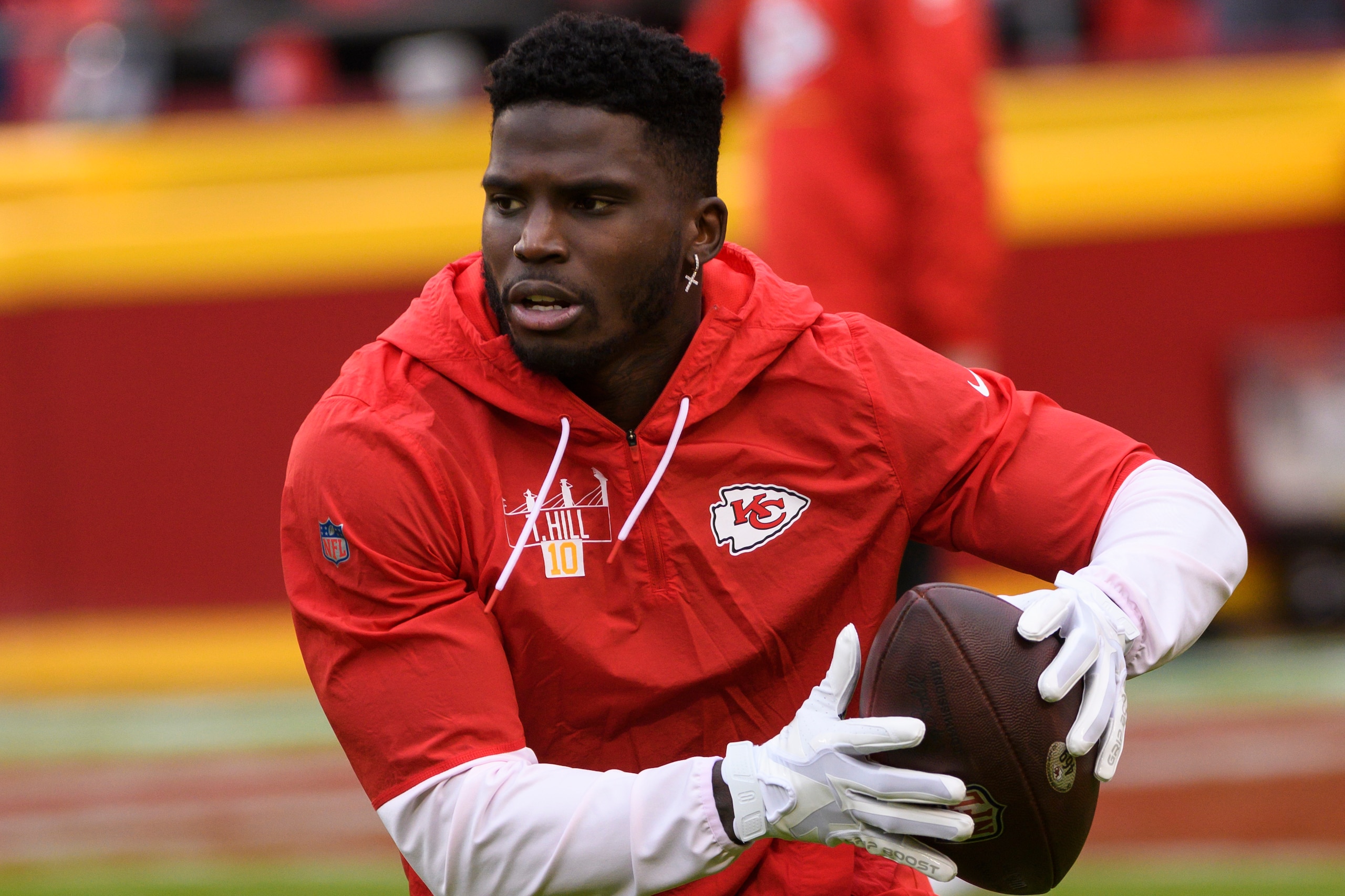 Kansas City Chiefs wide receiver Tyreek Hill during pre-game warmups before an NFL football game against the Pittsburgh Steelers, Sunday, Dec. 26, 2021 in Kansas City, Mo. (AP Photo/Reed Hoffmann) Kansas City Chiefs wide receiver Tyreek Hill during pre-game warmups before an NFL football game against the Pittsburgh Steelers, Sunday, Dec. 26, 2021 in Kansas City, Mo. (AP Photo/Reed Hoffmann)