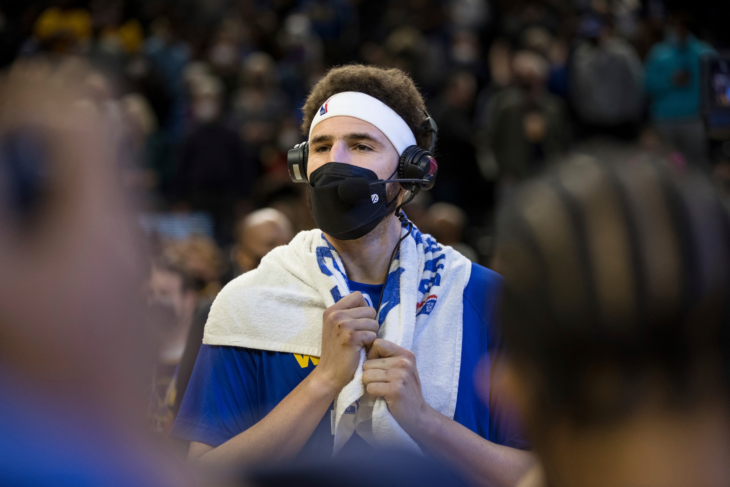 Golden State Warriors' Klay Thompson talks to the media after an NBA basketball game against the Cleveland Cavaliers in San Francisco, Sunday, Jan. 9, 2022. (AP Photo/John Hefti)