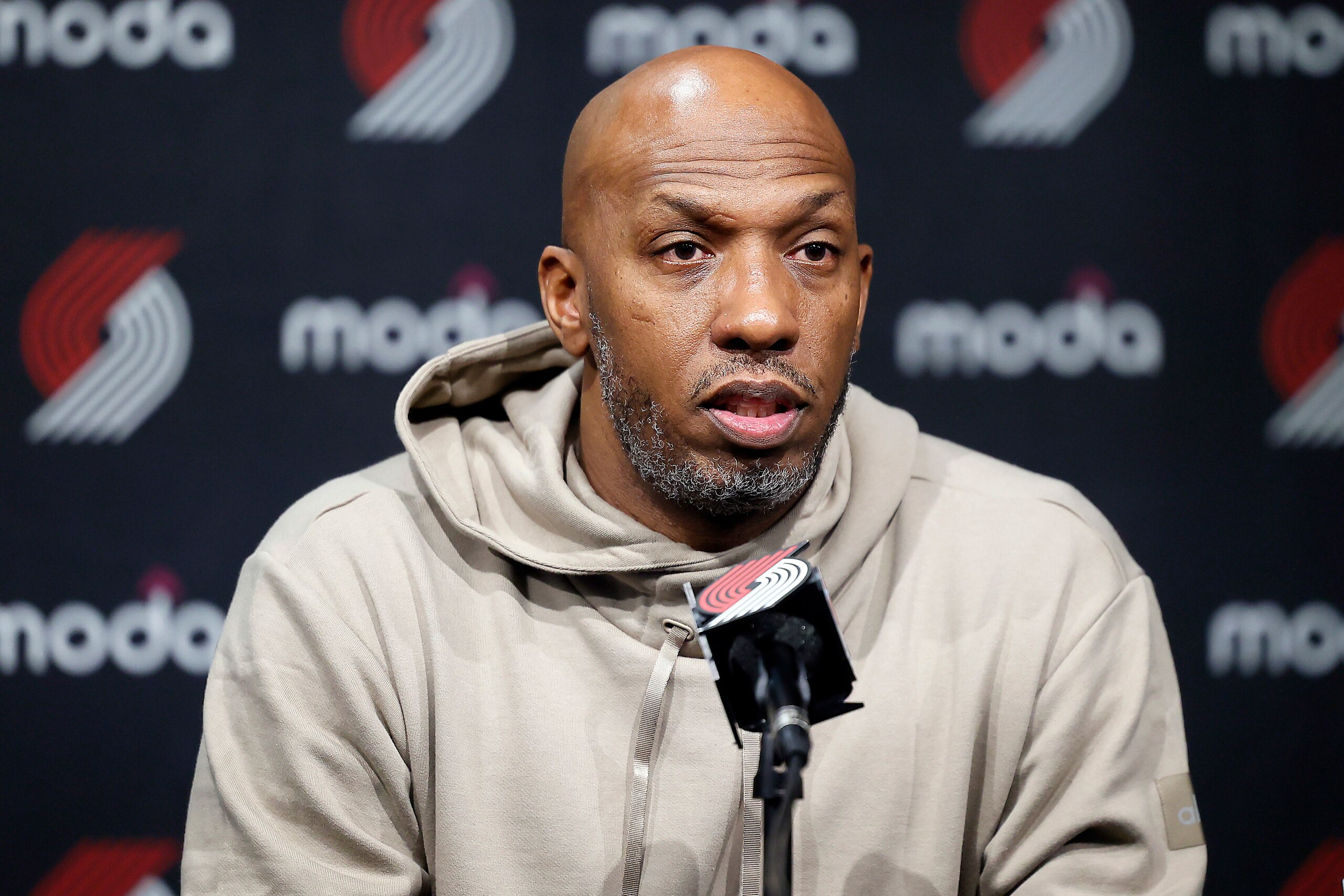 PORTLAND, OREGON - JANUARY 05: Head coach Chauncey Billups of the Portland Trail Blazers answers questions from the media prior to a game against the Miami Heat at Moda Center on January 05, 2022 in Portland, Oregon. NOTE TO USER: User expressly acknowledges and agrees that, by downloading and or using this photograph, User is consenting to the terms and conditions of the Getty Images License Agreement. (Photo by Soobum Im/Getty Images)