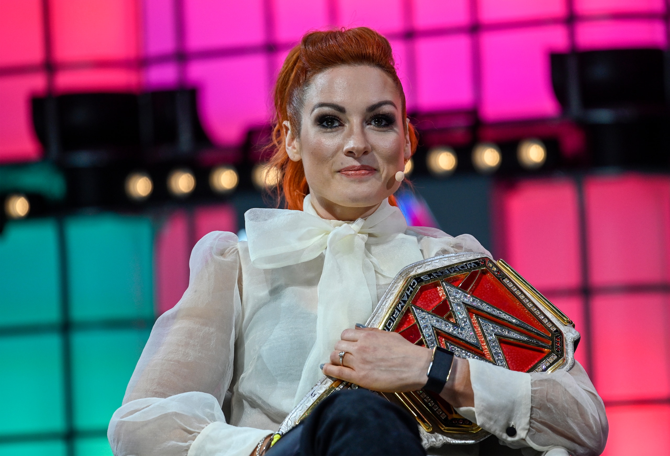 LISBON, PORTUGAL - NOVEMBER 07: Becky Lynch, WWE Superstar, WWE, speaks on "She’s 'The Man': How superstar Becky Lynch came to dominate the WWE" at Center Stage of Web Summit in Altice Arena on November 07, 2019 in Lisbon, Portugal. Web Summit is an annual technology conference which brings together a variety of technology companies to discuss the future of industry. This year’s event runs from November 4- 7 and is expected to attract around 70,000 participants.  (Photo by Horacio Villalobos#Corbis/Corbis via Getty Images)