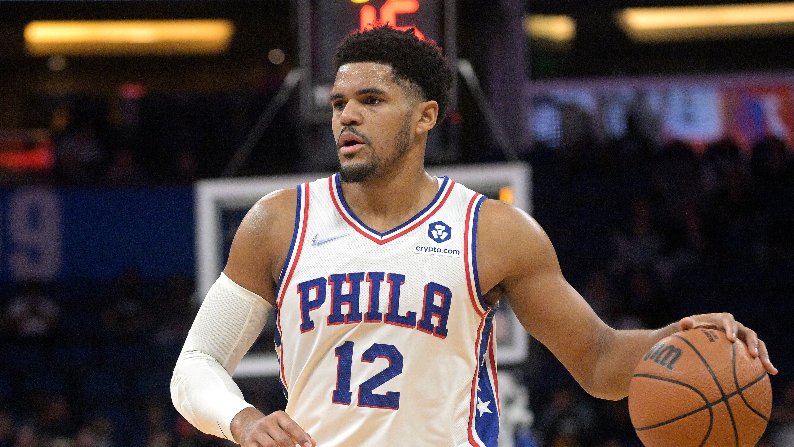 Philadelphia 76ers forward Tobias Harris (12) sets up a play during the first half of an NBA basketball game against the Orlando Magic, Wednesday, Jan. 5, 2022, in Orlando, Fla. (AP Photo/Phelan M. Ebenhack) Philadelphia 76ers forward Tobias Harris (12) sets up a play during the first half of an NBA basketball game against the Orlando Magic, Wednesday, Jan. 5, 2022, in Orlando, Fla. (AP Photo/Phelan M. Ebenhack)