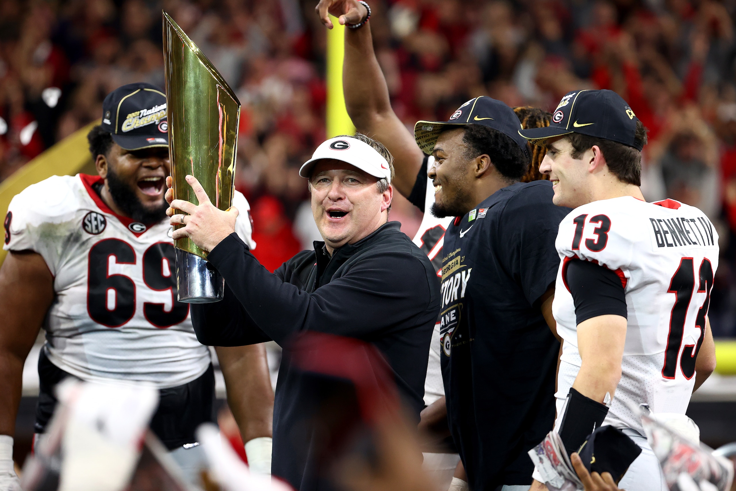 INDIANAPOLIS, IN - JANUARY 10: Head Coach Kirby Smart of the Georgia Bulldogs celebrates after defeating the Alabama Crimson Tide during the College Football Playoff Championship held at Lucas Oil Stadium on January 10, 2022 in Indianapolis, Indiana. (Photo by Jamie Schwaberow/Getty Images)