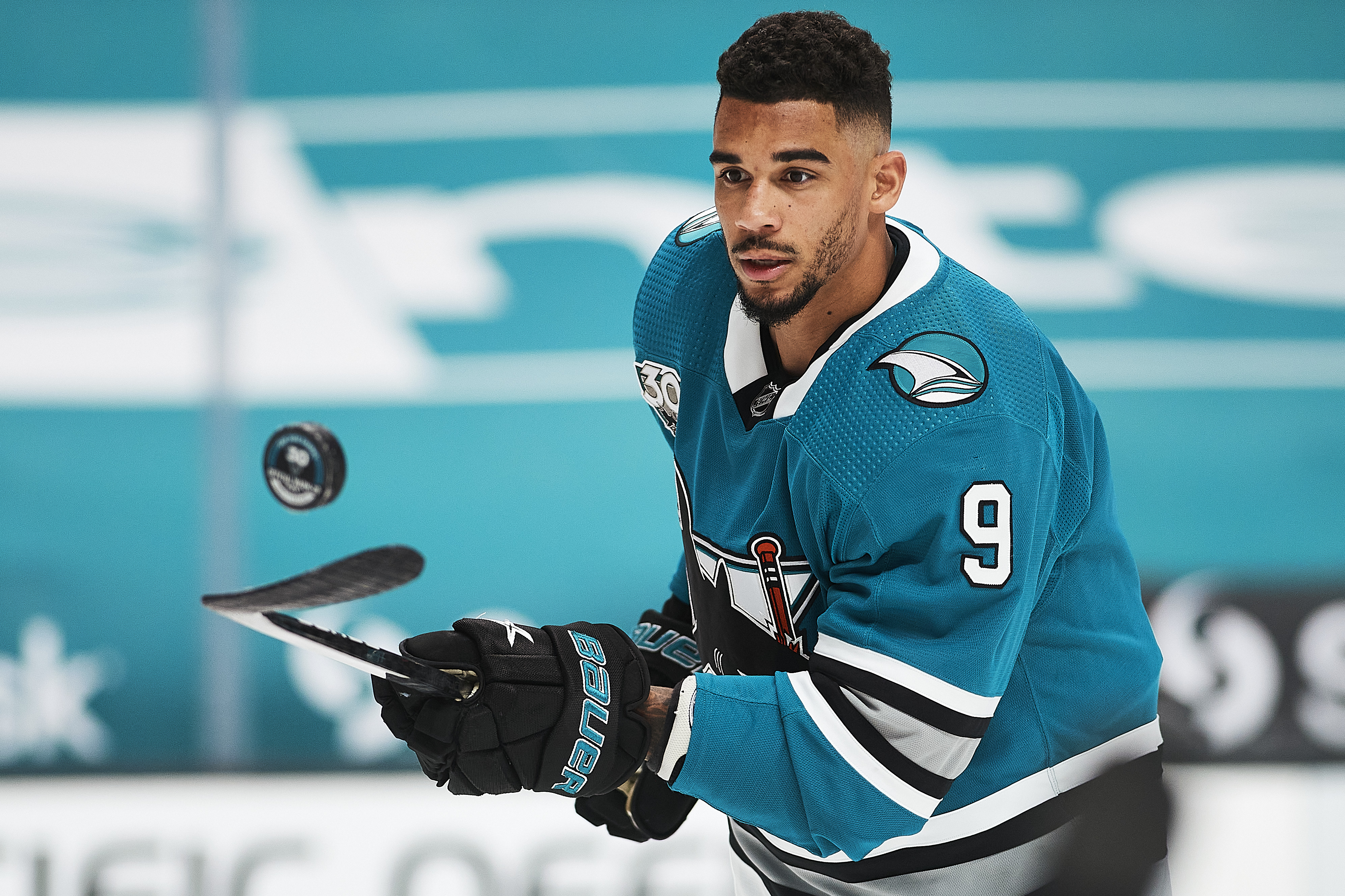 SAN JOSE, CA - MAY 12: San Jose Sharks left wing Evander Kane (9) warms up before the San Jose Sharks game versus the Vegas Golden Knights on May 12, 2021, at SAP Center at San Jose in San Jose, CA. (Photo by Matt Cohen/Icon Sportswire via Getty Images)