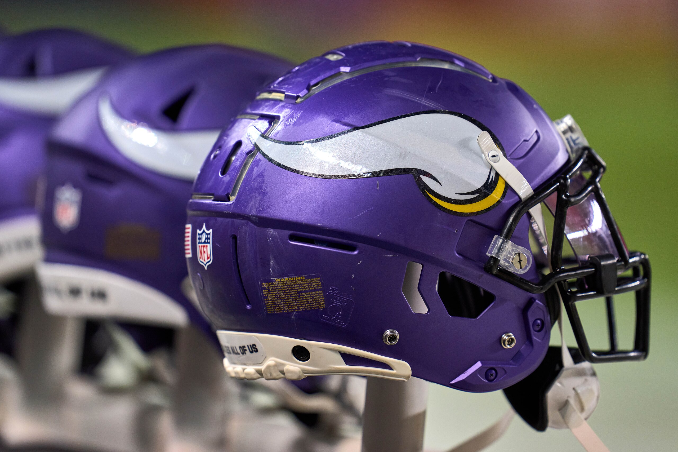 CHICAGO, IL - DECEMBER 20: A detail view of a Minnesota Vikings helmet is seen during a game between the Chicago Bears and the Minnesota Vikings on December 20, 2021, at Soldier Field in Chicago, IL. (Photo by Robin Alam/Icon Sportswire via Getty Images)