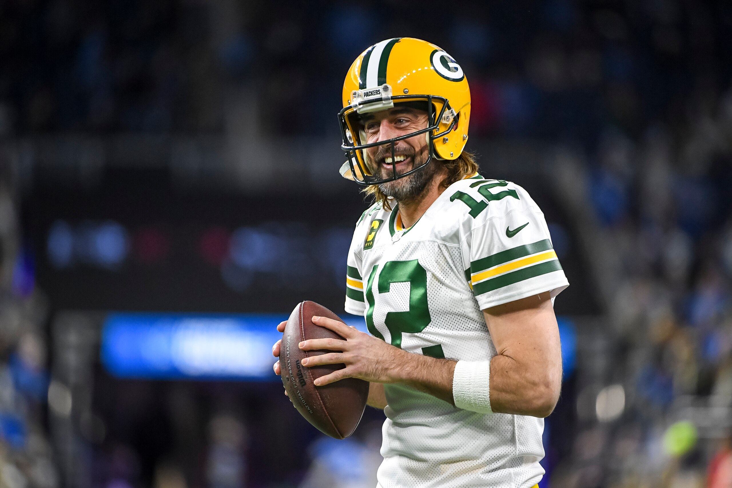 DETROIT, MICHIGAN - JANUARY 09: Aaron Rodgers #12 of the Green Bay Packers warms up before the game against the Detroit Lions at Ford Field on January 09, 2022 in Detroit, Michigan. (Photo by Nic Antaya/Getty Images)