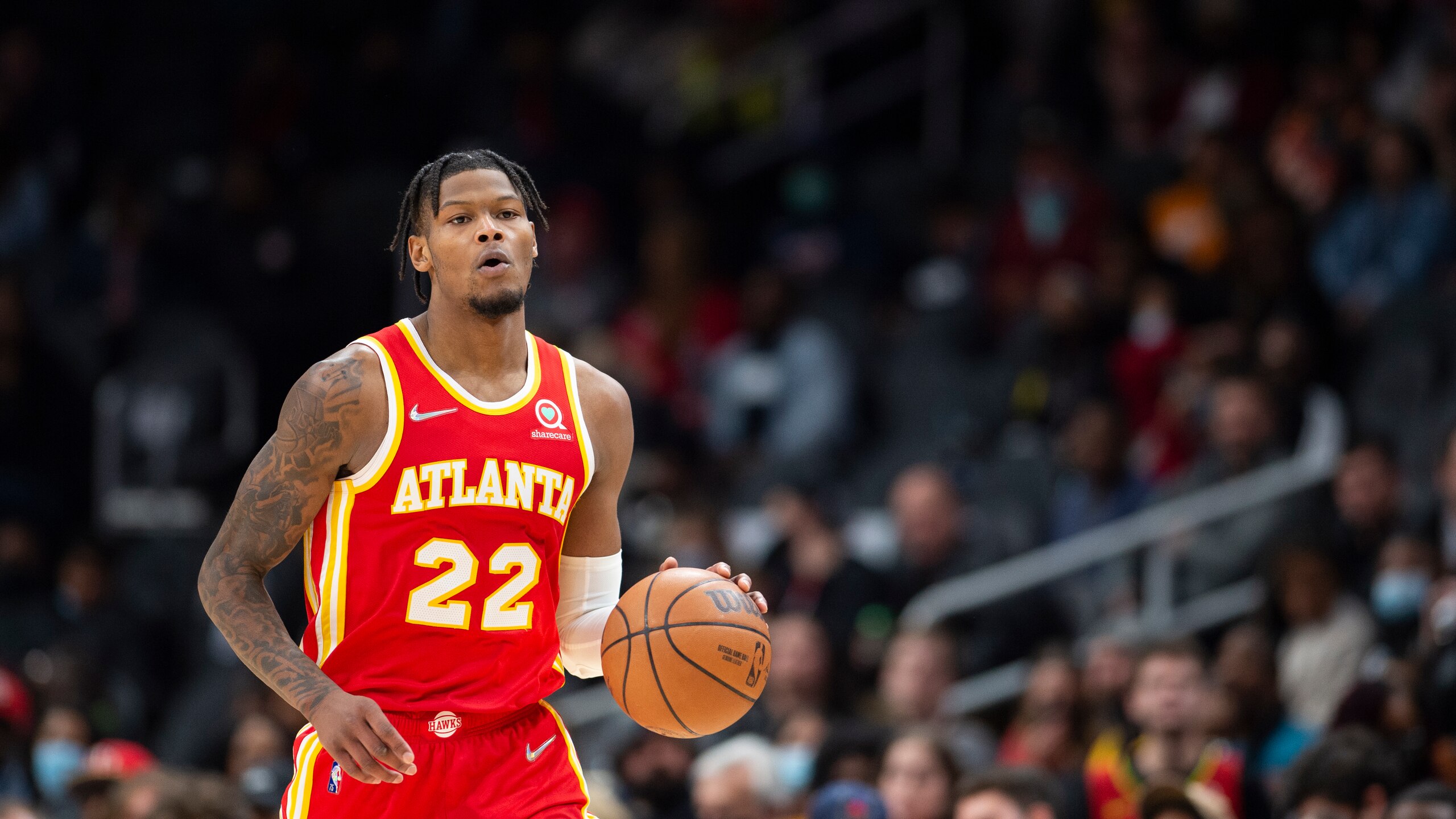 Atlanta Hawks forward Cam Reddish (22) is shown during the second half of a NBA basketball game against the Orlando Magic Wednesday, Dec. 22, 2021, in Atlanta. (AP Photo/Hakim Wright Sr.)