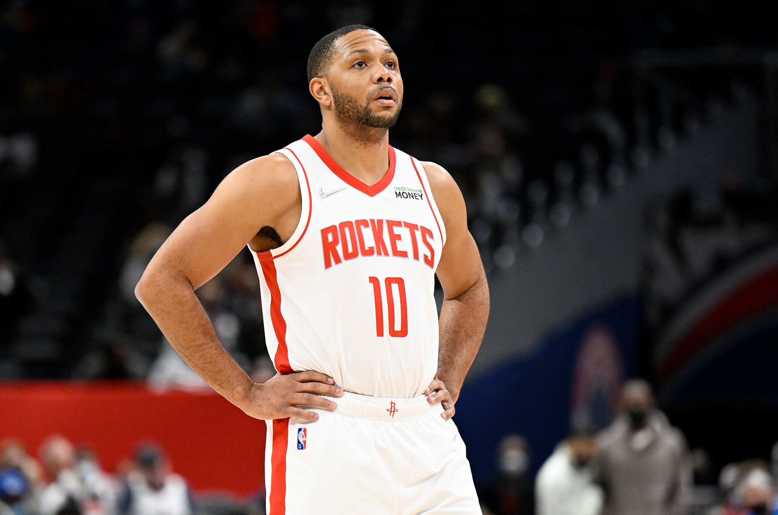 WASHINGTON, DC - JANUARY 05: Eric Gordon #10 of the Houston Rockets rests during a break in the game against the Washington Wizards at Capital One Arena on January 05, 2022 in Washington, DC. NOTE TO USER: User expressly acknowledges and agrees that, by downloading and or using this photograph, User is consenting to the terms and conditions of the Getty Images License Agreement. (Photo by G Fiume/Getty Images) WASHINGTON, DC - JANUARY 05: Eric Gordon #10 of the Houston Rockets rests during a break in the game against the Washington Wizards at Capital One Arena on January 05, 2022 in Washington, DC. NOTE TO USER: User expressly acknowledges and agrees that, by downloading and or using this photograph, User is consenting to the terms and conditions of the Getty Images License Agreement. (Photo by G Fiume/Getty Images)