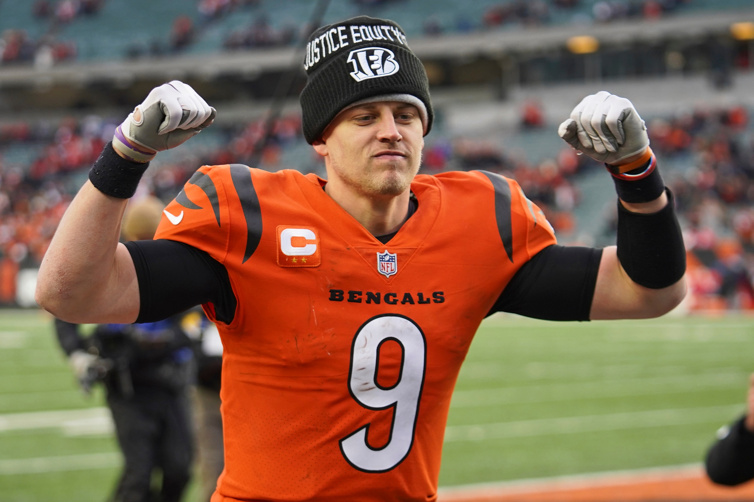 Cincinnati Bengals quarterback Joe Burrow celebrates after the Bengals defeated the Kansas City Chiefs 34-31 in an NFL football game, Sunday, Jan. 2, 2022, in Cincinnati. (AP Photo/Jeff Dean) Cincinnati Bengals quarterback Joe Burrow celebrates after the Bengals defeated the Kansas City Chiefs 34-31 in an NFL football game, Sunday, Jan. 2, 2022, in Cincinnati. (AP Photo/Jeff Dean)