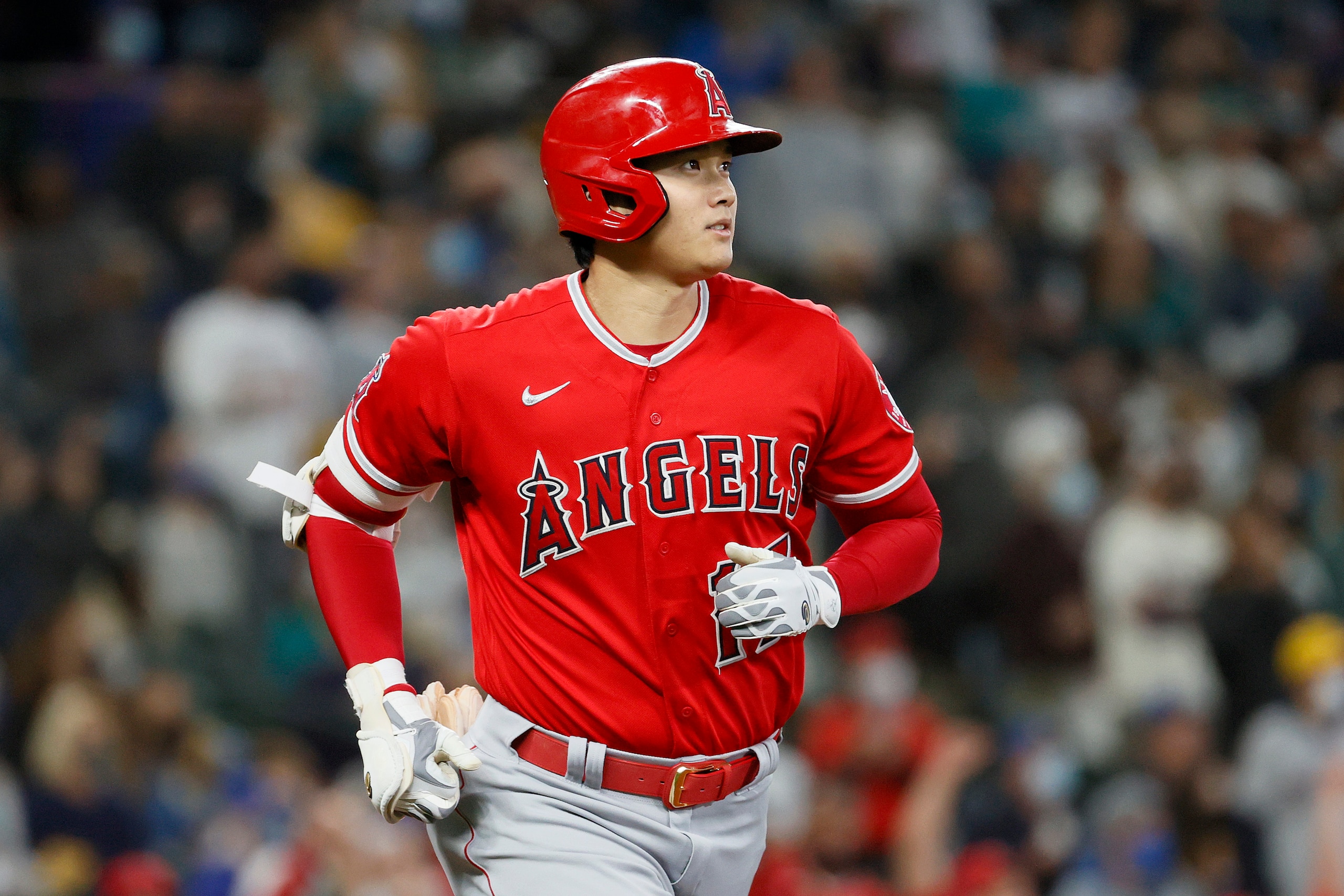 SEATTLE, WASHINGTON - OCTOBER 03: Shohei Ohtani #17 of the Los Angeles Angels watches his home run against the Seattle Mariners during the first inning at T-Mobile Park on October 03, 2021 in Seattle, Washington. (Photo by Steph Chambers/Getty Images)