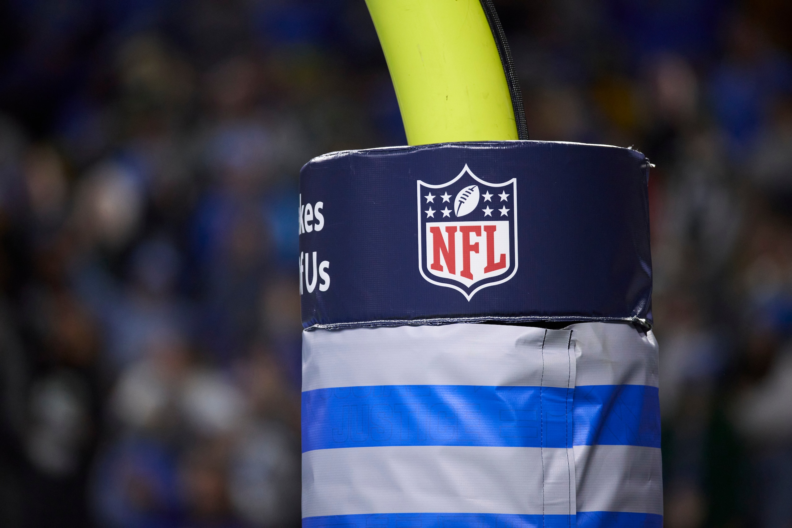NFL logo on the goalpost pad during an NFL football game, Sunday, Jan. 9, 2022, in Detroit. (AP Photo/Rick Osentoski)