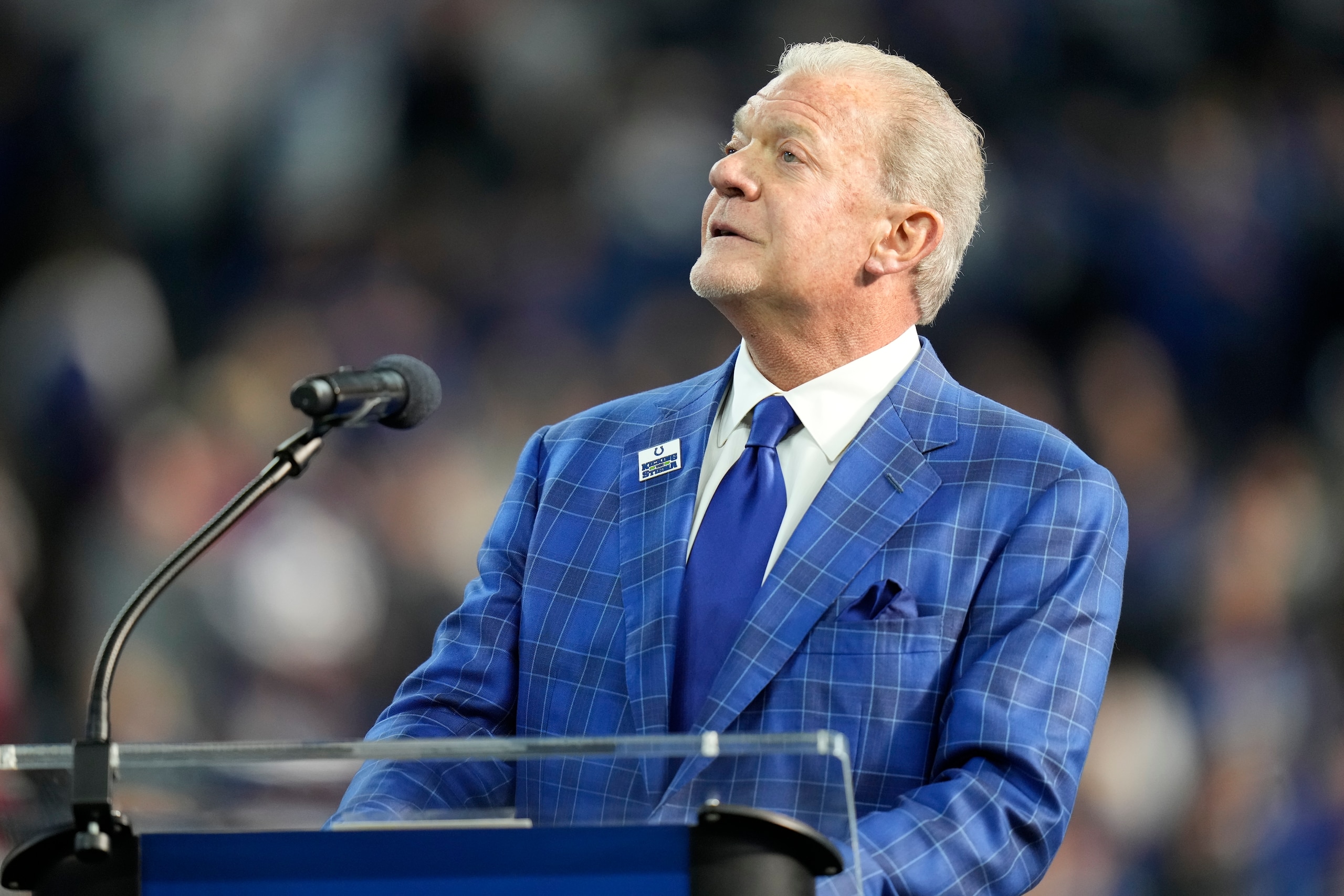 Indianapolis Colts owner Jim Irsay speaks during a Ring of Honor ceremony during halftime of an NFL football game against the Tampa Bay Buccaneers, Sunday, Nov. 28, 2021, in Indianapolis. (AP Photo/AJ Mast) Indianapolis Colts owner Jim Irsay speaks during a Ring of Honor ceremony during halftime of an NFL football game against the Tampa Bay Buccaneers, Sunday, Nov. 28, 2021, in Indianapolis. (AP Photo/AJ Mast)