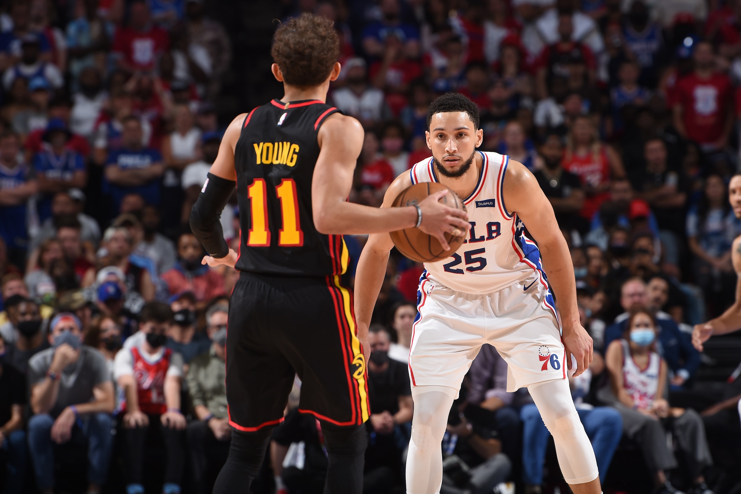 PHILADELPHIA, PA - JUNE 20: Ben Simmons #25 of the Philadelphia 76ers plays defense against Trae Young #11 of the Atlanta Hawks during Round 2, Game 7 of the Eastern Conference Playoffs on June 20, 2021 at Wells Fargo Center in Philadelphia, Pennsylvania. NOTE TO USER: User expressly acknowledges and agrees that, by downloading and/or using this Photograph, user is consenting to the terms and conditions of the Getty Images License Agreement. Mandatory Copyright Notice: Copyright 2021 NBAE (Photo by David Dow/NBAE via Getty Images) PHILADELPHIA, PA - JUNE 20: Ben Simmons #25 of the Philadelphia 76ers plays defense against Trae Young #11 of the Atlanta Hawks during Round 2, Game 7 of the Eastern Conference Playoffs on June 20, 2021 at Wells Fargo Center in Philadelphia, Pennsylvania. NOTE TO USER: User expressly acknowledges and agrees that, by downloading and/or using this Photograph, user is consenting to the terms and conditions of the Getty Images License Agreement. Mandatory Copyright Notice: Copyright 2021 NBAE (Photo by David Dow/NBAE via Getty Images)