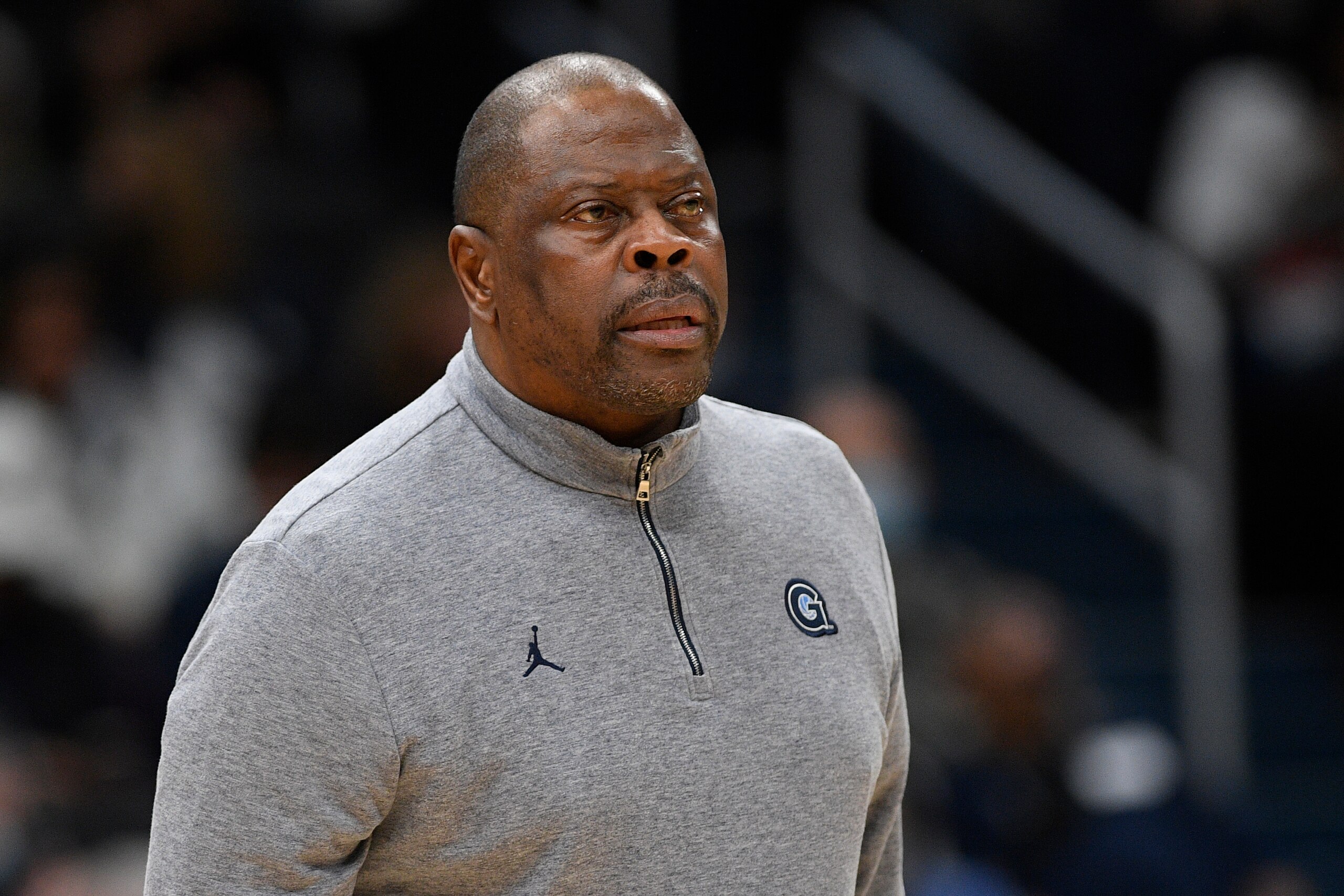 Georgetown head coach Patrick Ewing reacts during the first half of an NCAA college basketball game against Syracuse, Saturday, Dec. 11, 2021, in Washington. (AP Photo/Nick Wass)