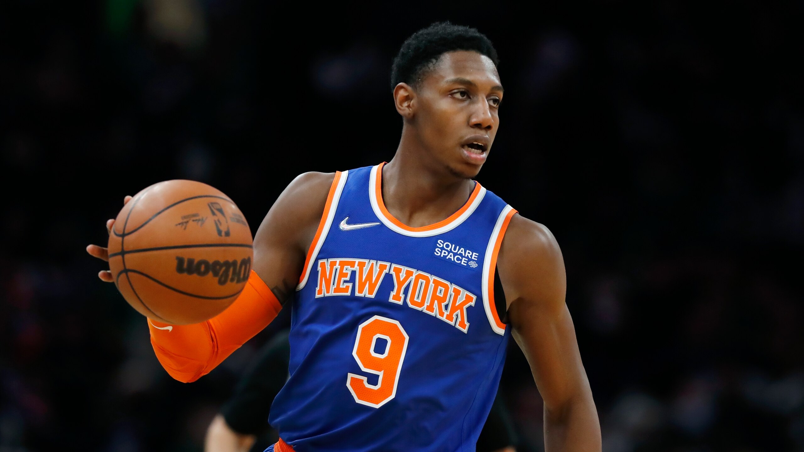 New York Knicks' RJ Barrett plays against the Boston Celtics during the second half of an NBA basketball game, Saturday, Jan 8, 2022, in Boston. (AP Photo/Michael Dwyer)