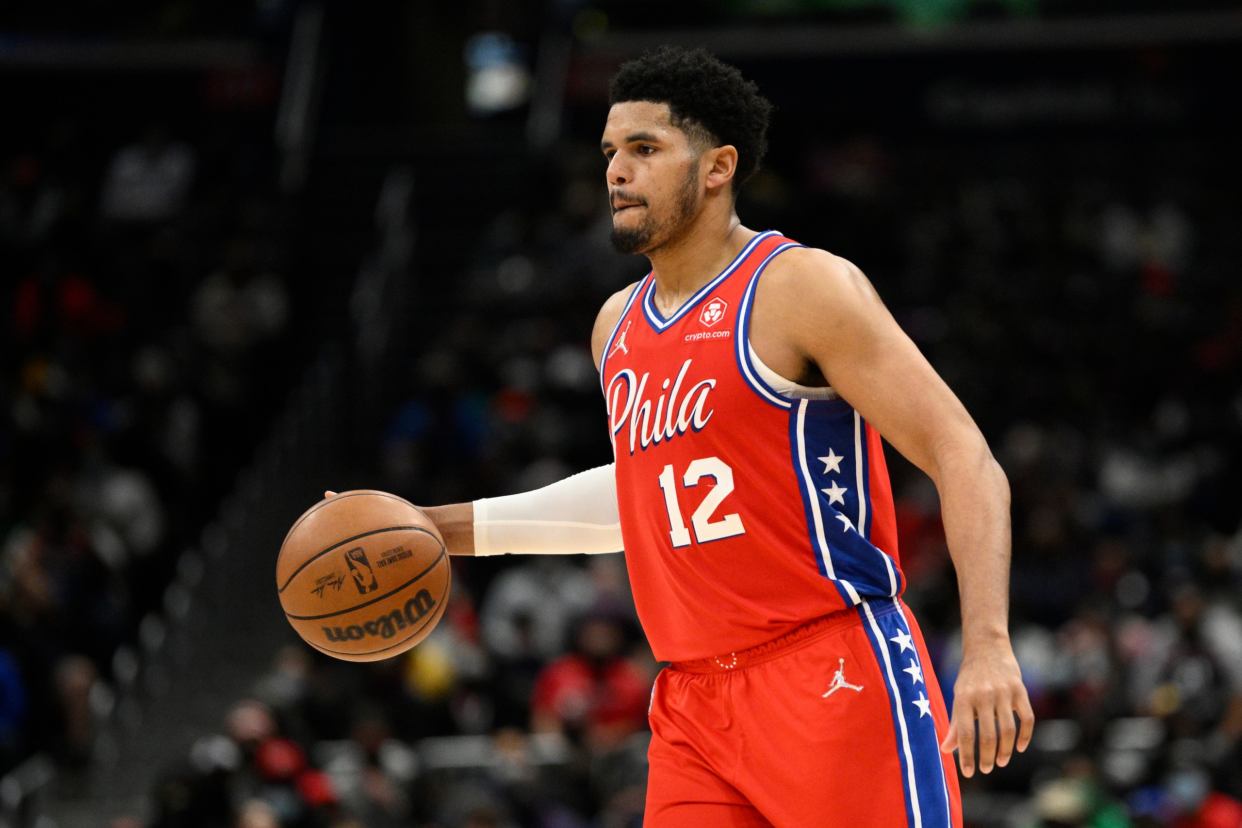 Philadelphia 76ers forward Tobias Harris (12) in action during the second half of an NBA basketball game against the Washington Wizards, Sunday, Dec. 26, 2021, in Washington. The 76ers won 117-96. (AP Photo/Nick Wass)