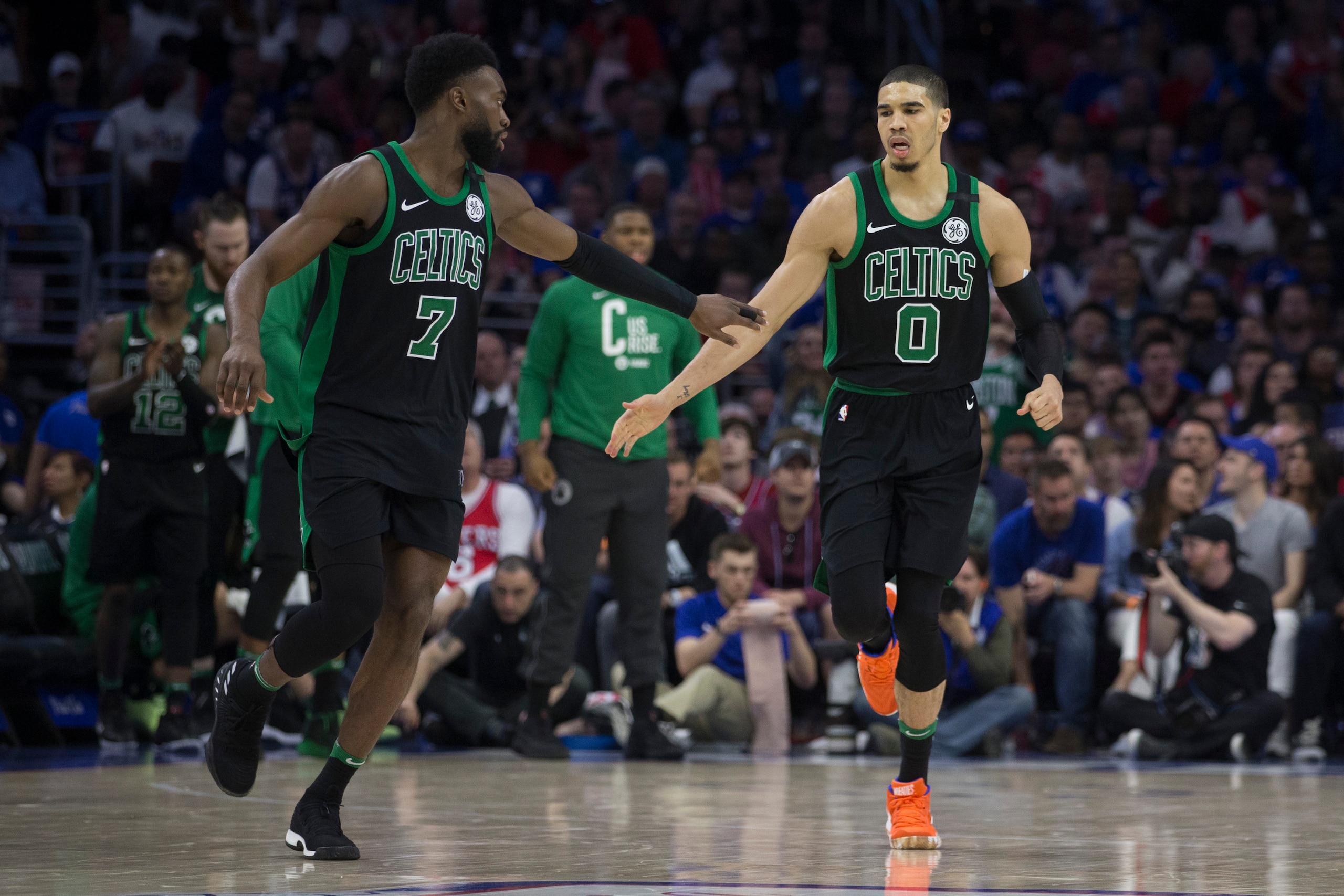 PHILADELPHIA, PA - MAY 5: Jaylen Brown #7 and Jayson Tatum #0 of the Boston Celtics celebrate against the Philadelphia 76ers during Game Three of the Eastern Conference Second Round of the 2018 NBA Playoff at Wells Fargo Center on May 5, 2018 in Philadelphia, Pennsylvania. NOTE TO USER: User expressly acknowledges and agrees that, by downloading and or using this photograph, User is consenting to the terms and conditions of the Getty Images License Agreement. (Photo by Mitchell Leff/Getty Images) *** Local Caption *** Jaylen Brown;Jayson Tatum PHILADELPHIA, PA - MAY 5: Jaylen Brown #7 and Jayson Tatum #0 of the Boston Celtics celebrate against the Philadelphia 76ers during Game Three of the Eastern Conference Second Round of the 2018 NBA Playoff at Wells Fargo Center on May 5, 2018 in Philadelphia, Pennsylvania. NOTE TO USER: User expressly acknowledges and agrees that, by downloading and or using this photograph, User is consenting to the terms and conditions of the Getty Images License Agreement. (Photo by Mitchell Leff/Getty Images) *** Local Caption *** Jaylen Brown;Jayson Tatum