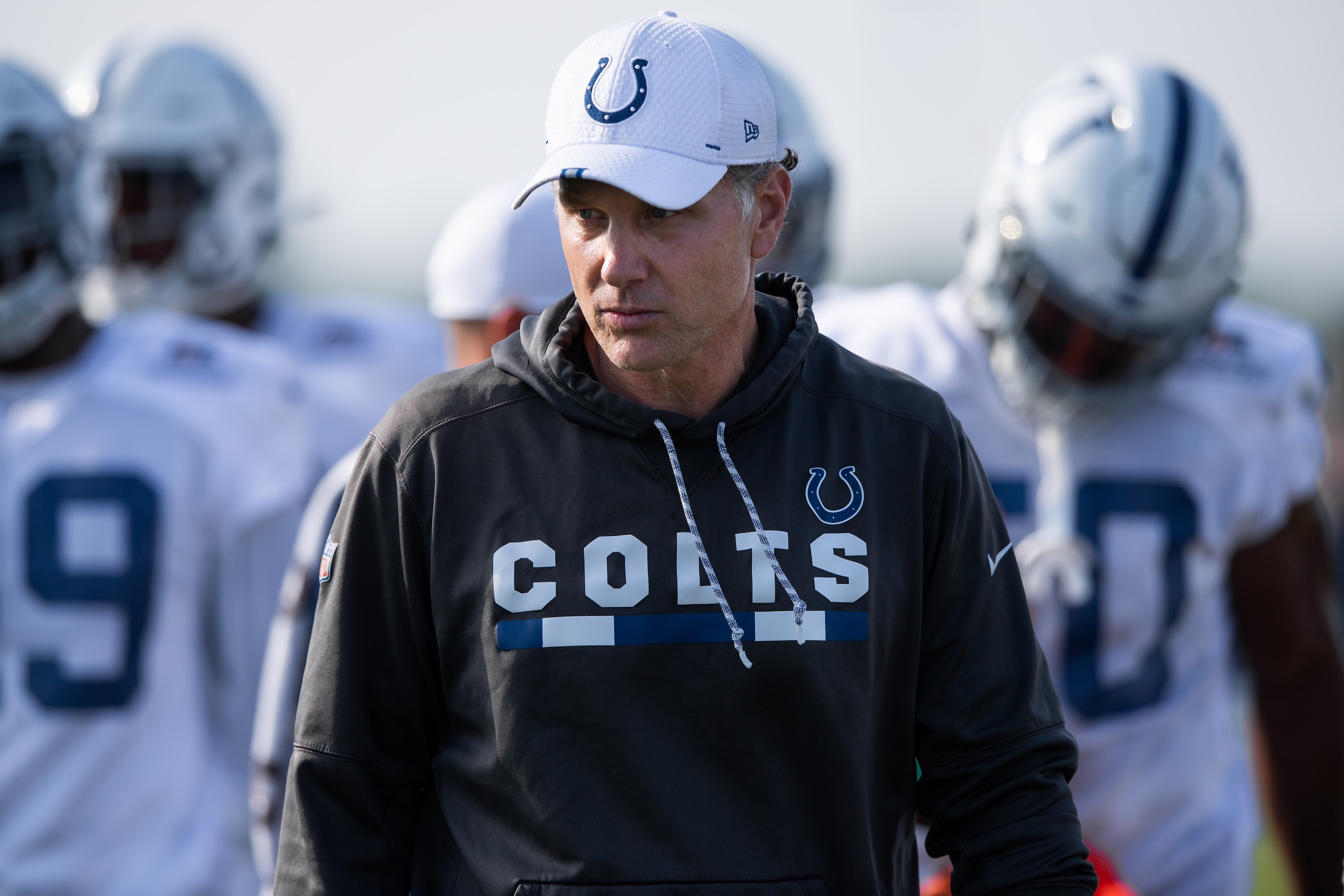 WESTFIELD, IN - JULY 30: Indianapolis Colts defensive coordinator Matt Eberflus watches a drill during the Indianapolis Colts training camp practice on July 30, 2019 at the Grand Park Sports Campus in Westfield, IN. (Photo by Zach Bolinger/Icon Sportswire via Getty Images)