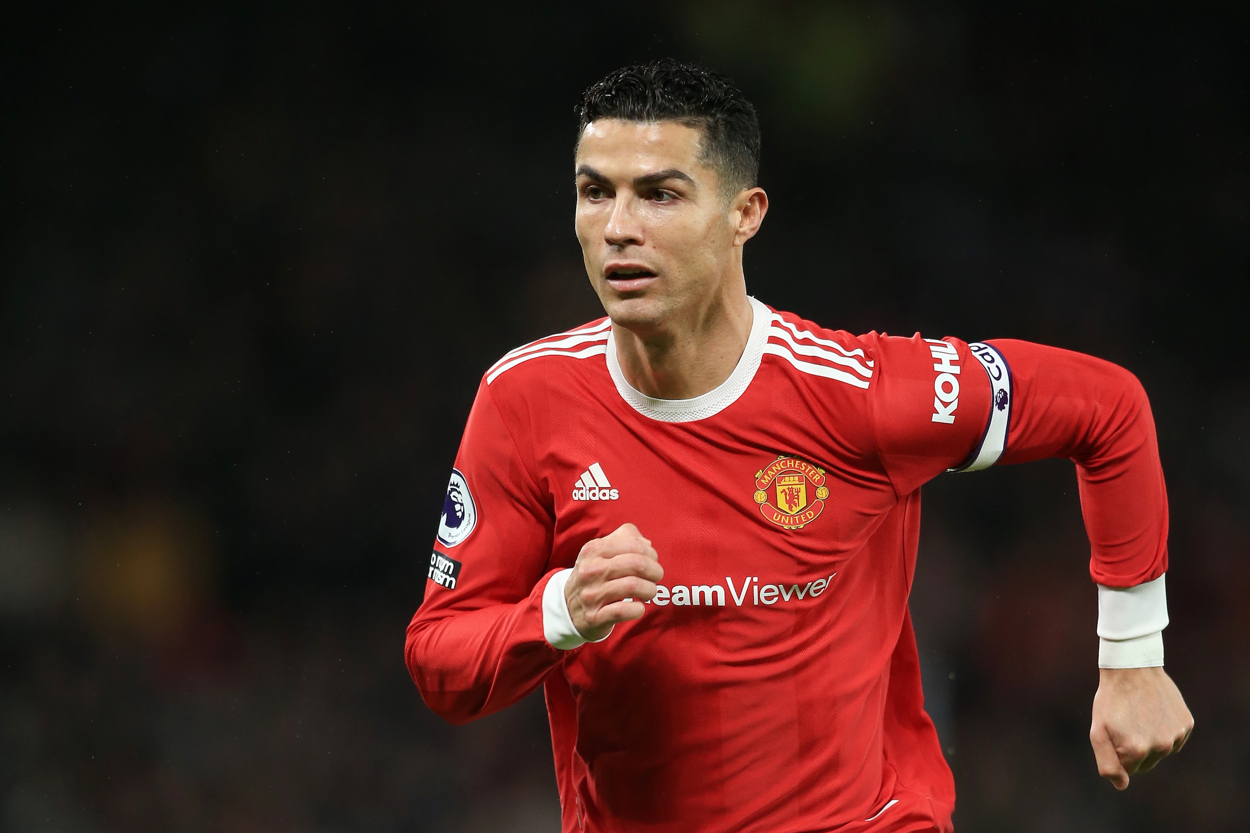 MANCHESTER, ENGLAND - JANUARY 03: Cristiano Ronaldo of Manchester United in action during the Premier League match between Manchester United and Wolverhampton Wanderers at Old Trafford on January 3, 2022 in Manchester, England. (Photo by Simon Stacpoole/Offside/Offside via Getty Images)