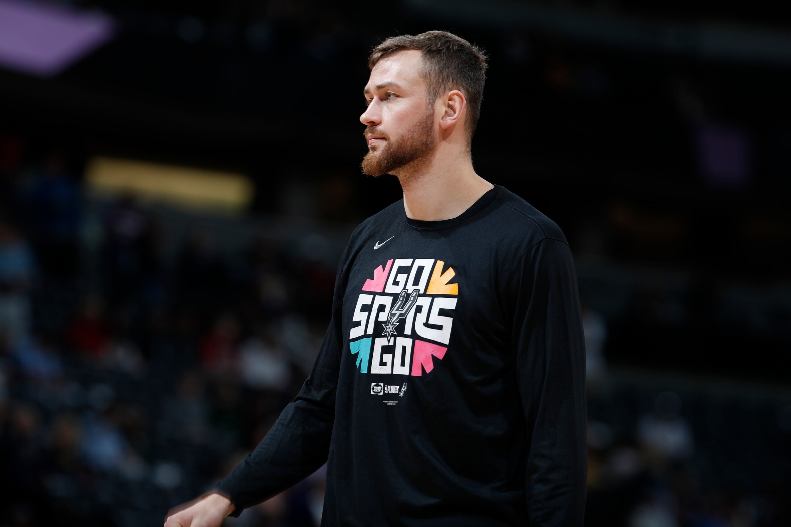 San Antonio Spurs forward Donatas Motiejunas (28) in the first half of Game 5 of an NBA basketball first-round playoff series Tuesday, April 23, 2019, in Denver. (AP Photo/David Zalubowski)