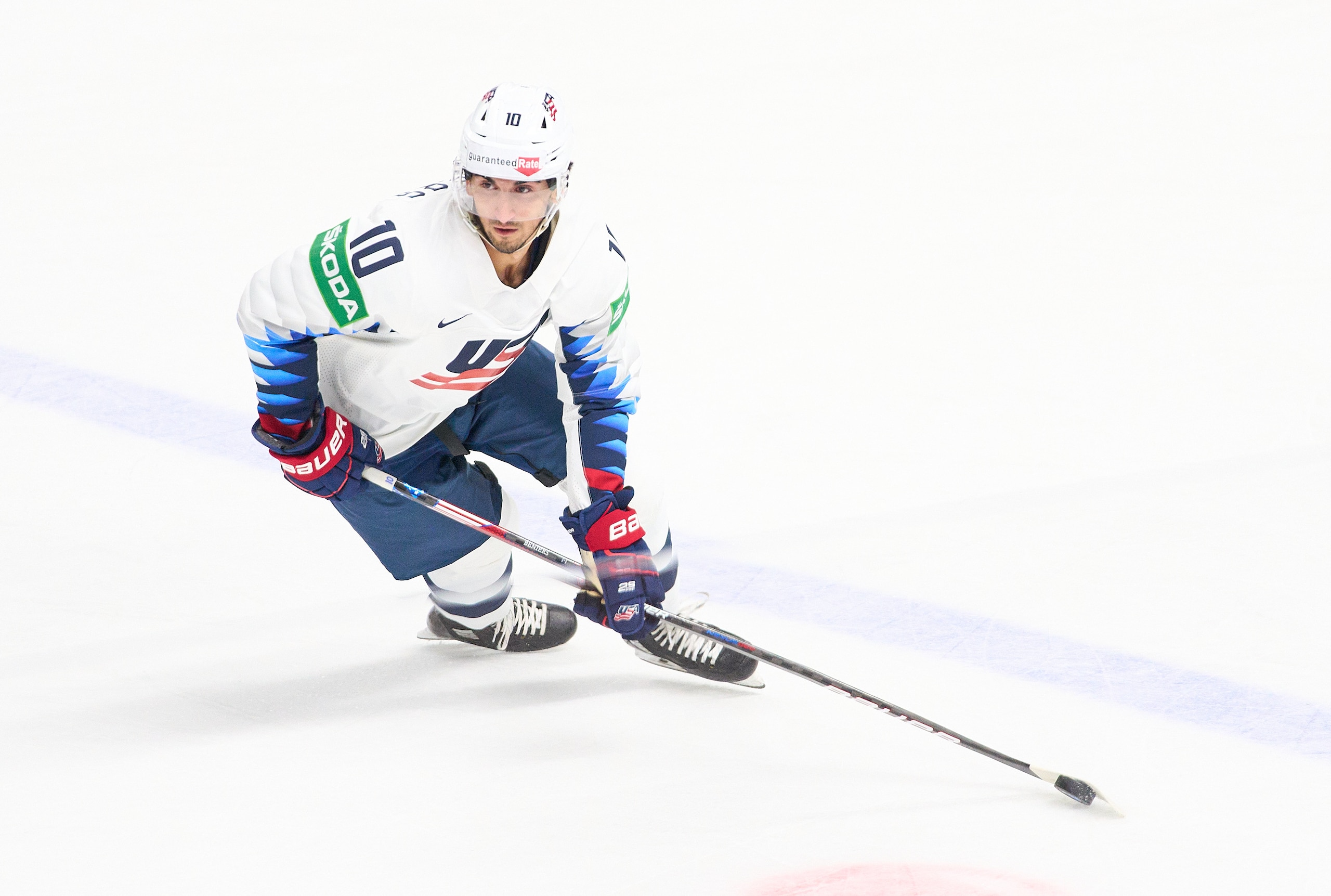 RIGA, LATVIA - MAY 22: Matty Beniers  #10 of  the United States  during the 2021 IIHF Ice Hockey World Championship group stage game between Finland and United States at Arena Riga on May 22, 2021 in Riga, Latvia. (Photo by EyesWideOpen/Getty Images)